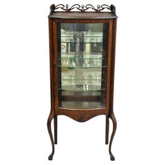 Antique Victorian Oak Wood Bowed Glass Single Door Carved Fretwork Curio Cabinet