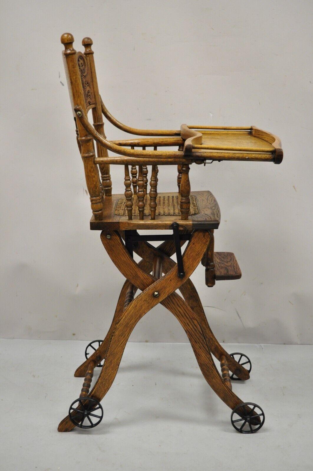 Antique Victorian Oak Wood Convertible Combination Baby High Chair Stroller 4