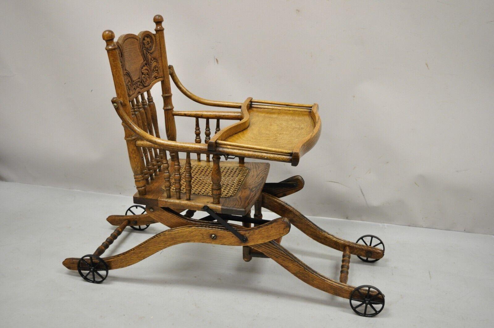 Antique Victorian Oak Wood Convertible Combination Baby High Chair Stroller In Good Condition In Philadelphia, PA