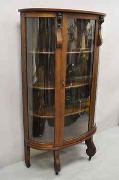 Antique Victorian Oak Wood Curved Glass Carved Lion Paw Feet China Cabinet