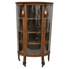 Antique Victorian Oak Wood Curved Glass Carved Lion Paw Feet China Cabinet