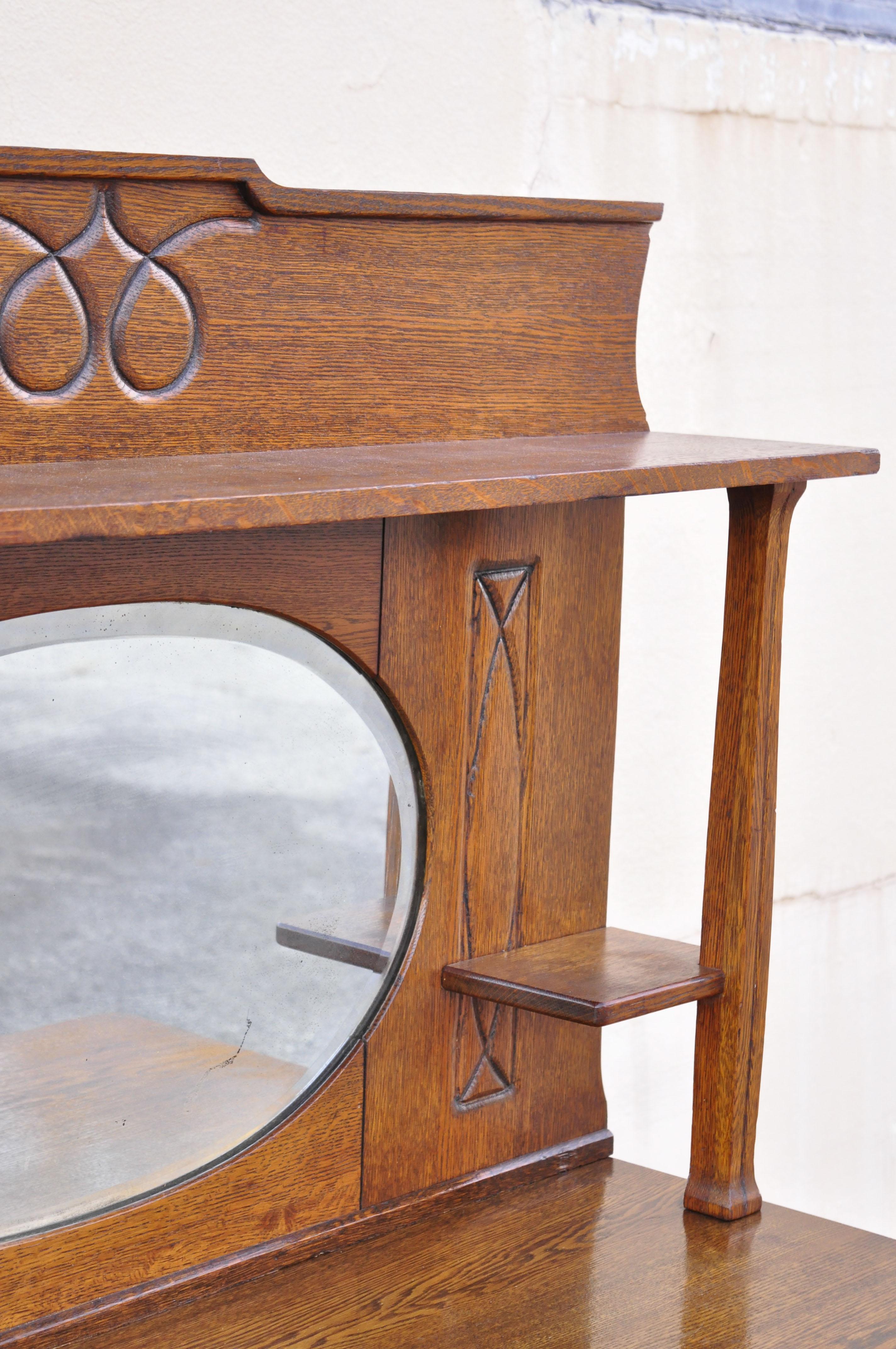 Antique Victorian Oak Wood Sideboard Buffet with Mirror Hutch Backsplash Shelf For Sale 2