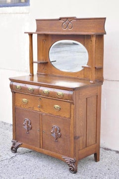 Antique Victorian Oak Wood Sideboard Buffet with Mirror Hutch Backsplash Shelf