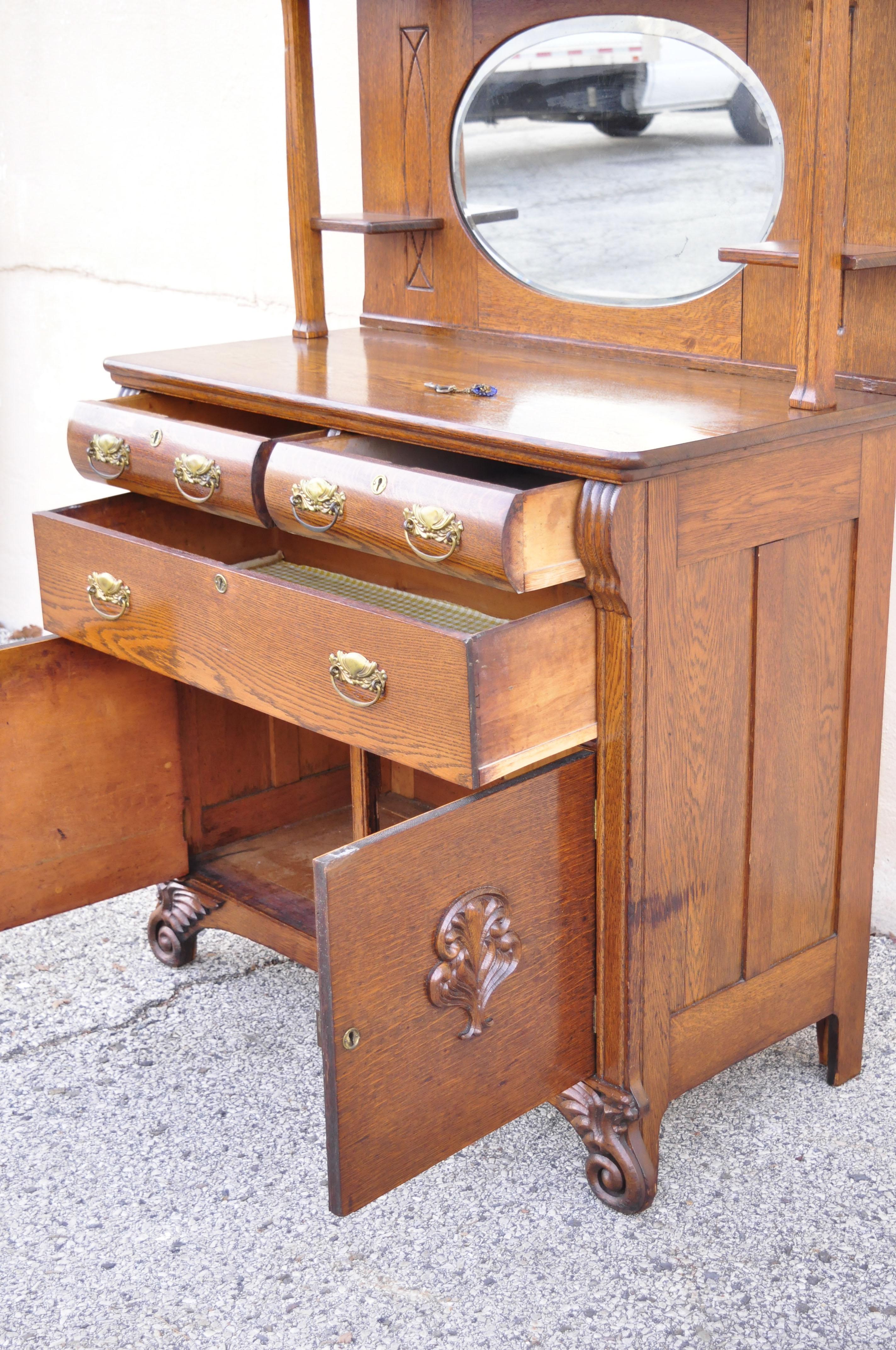 20th Century Antique Victorian Oak Wood Sideboard Buffet with Mirror Hutch Backsplash Shelf For Sale
