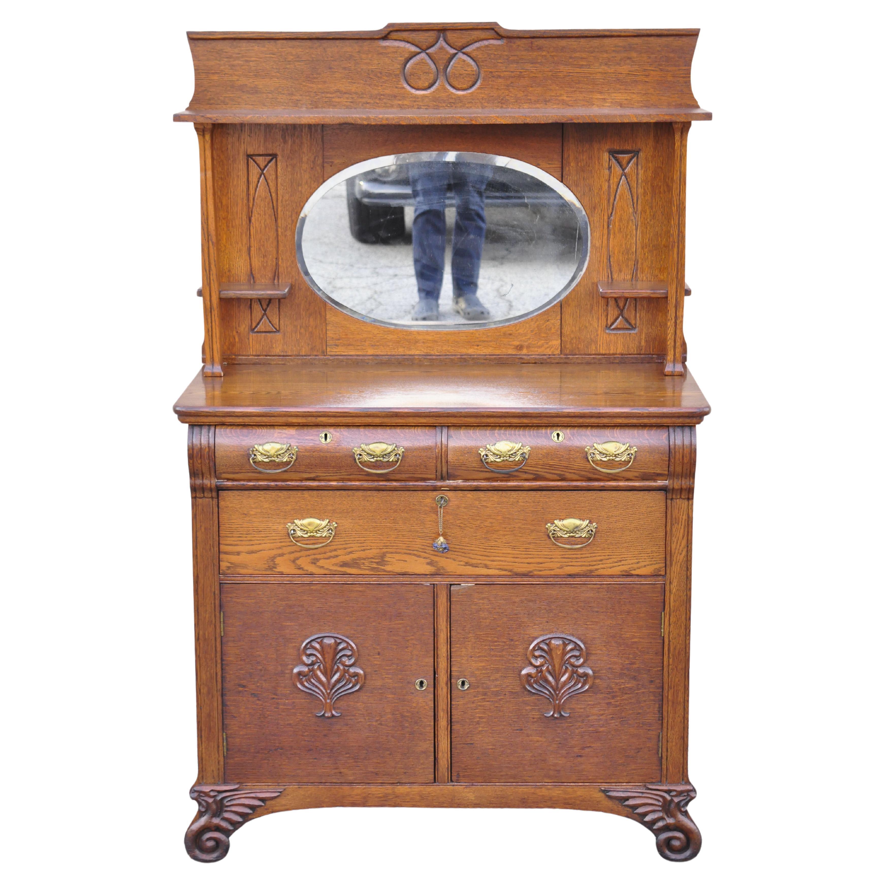 Antique Victorian Oak Wood Sideboard Buffet with Mirror Hutch Backsplash Shelf For Sale