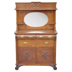 Antique Victorian Oak Wood Sideboard Buffet with Mirror Hutch Backsplash Shelf