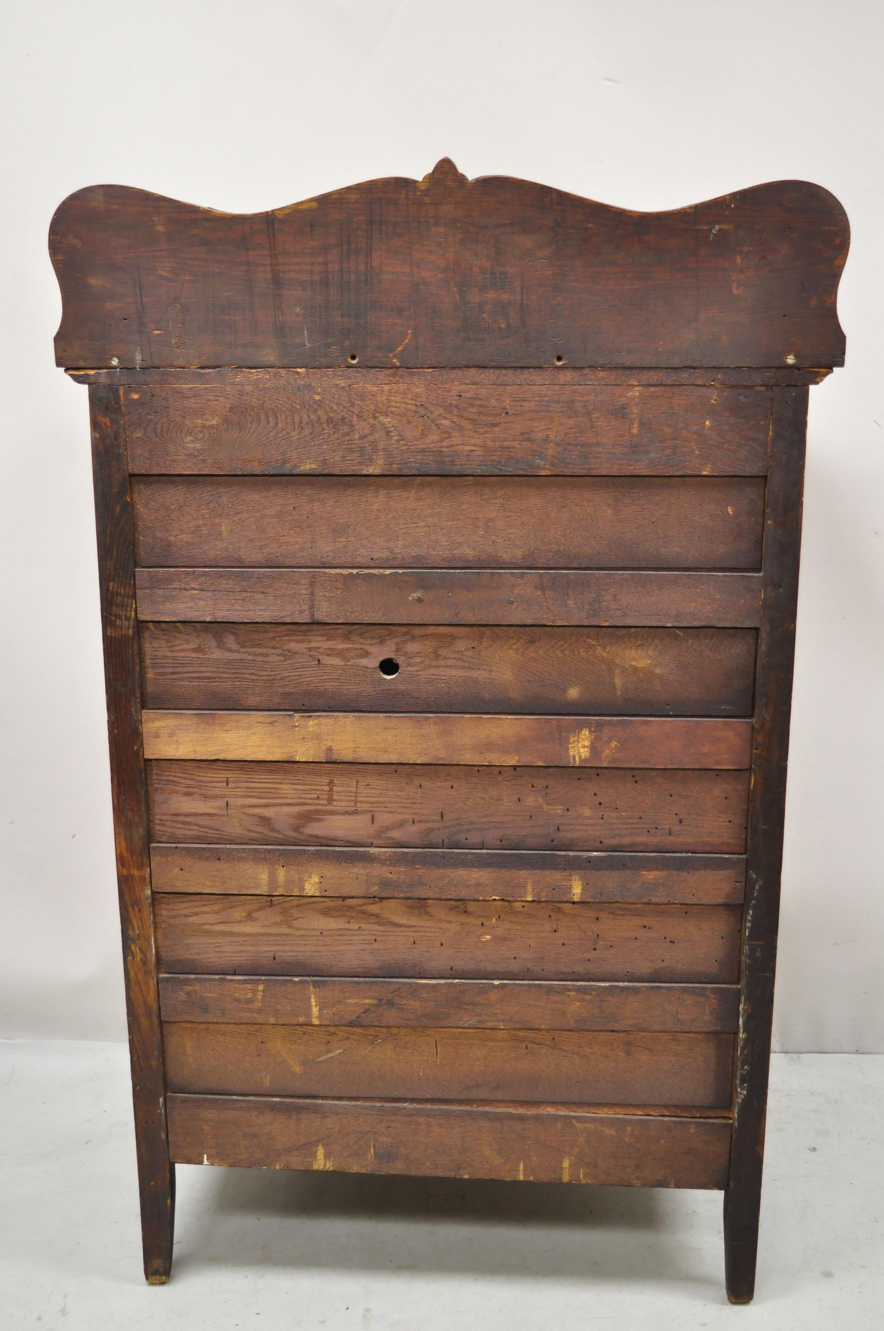 Antique Victorian Oak Wood Tall Chest Dresser Cabinet with Carved Backsplash 2