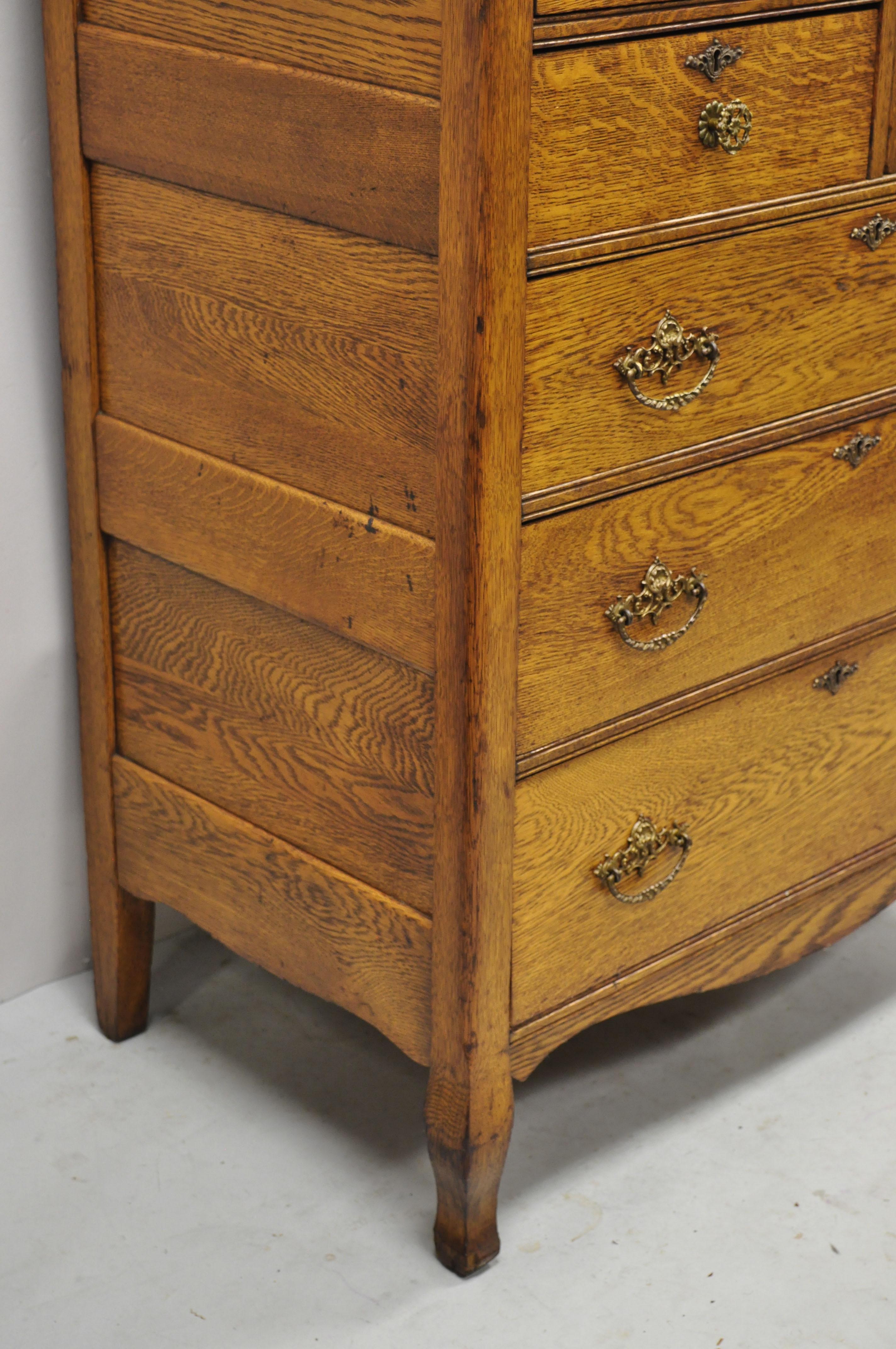 Antique Victorian Oak Wood Tall Chest Dresser Cabinet with Carved Backsplash 3
