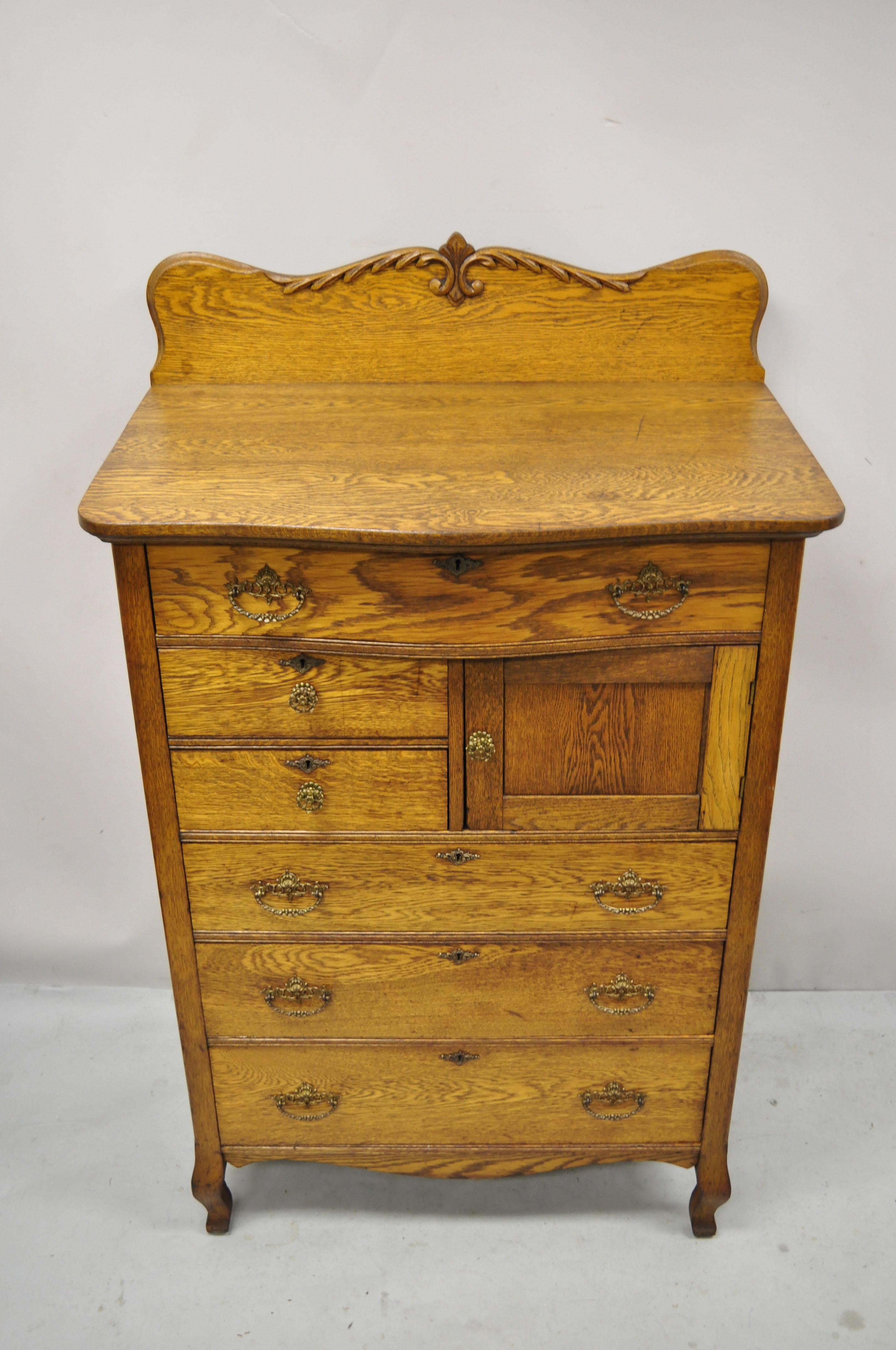 Antique Victorian Oak Wood Tall Chest Dresser Cabinet with Carved Backsplash 4