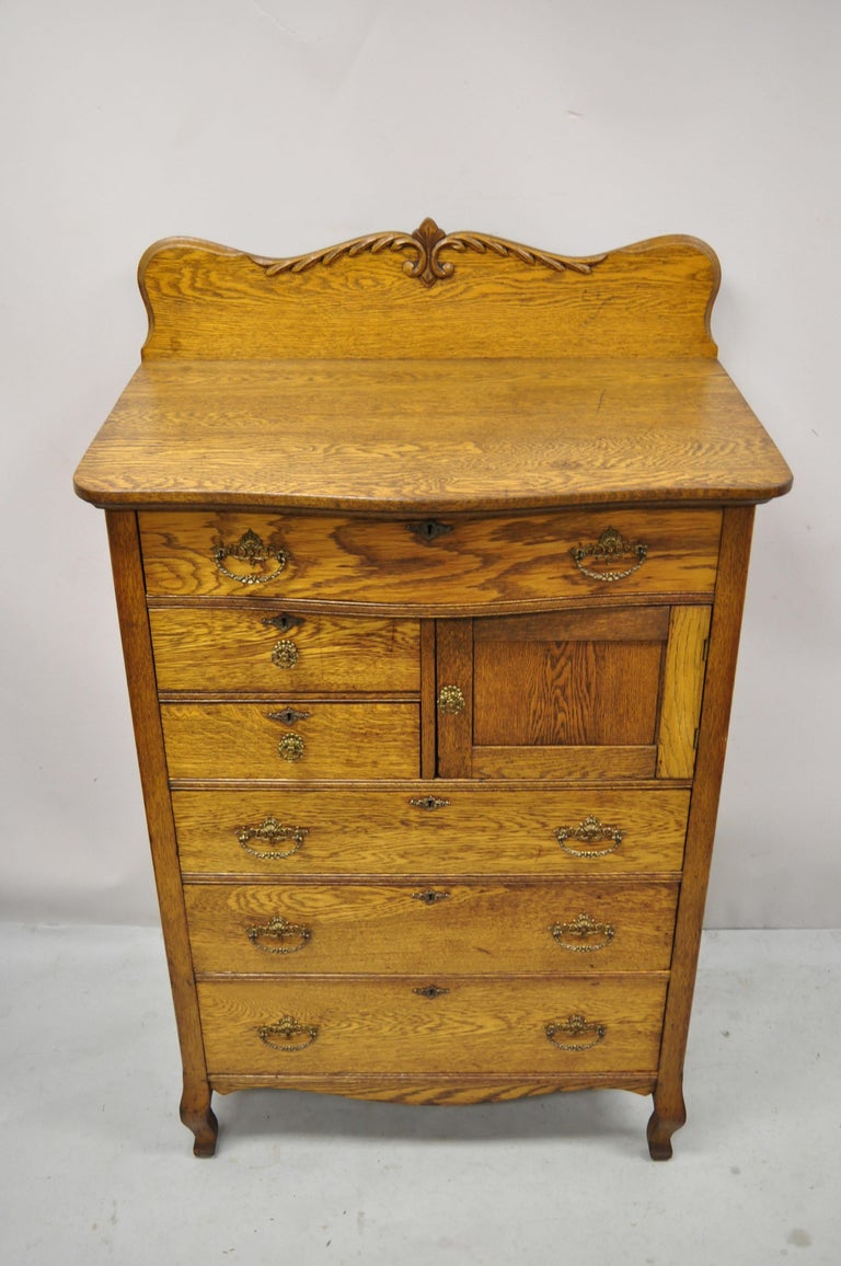 Antique Victorian Oak Wood Tall Chest Dresser Cabinet with Carved Backsplash at 1stDibs ...