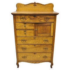 Antique Victorian Oak Wood Tall Chest Dresser Cabinet with Carved Backsplash
