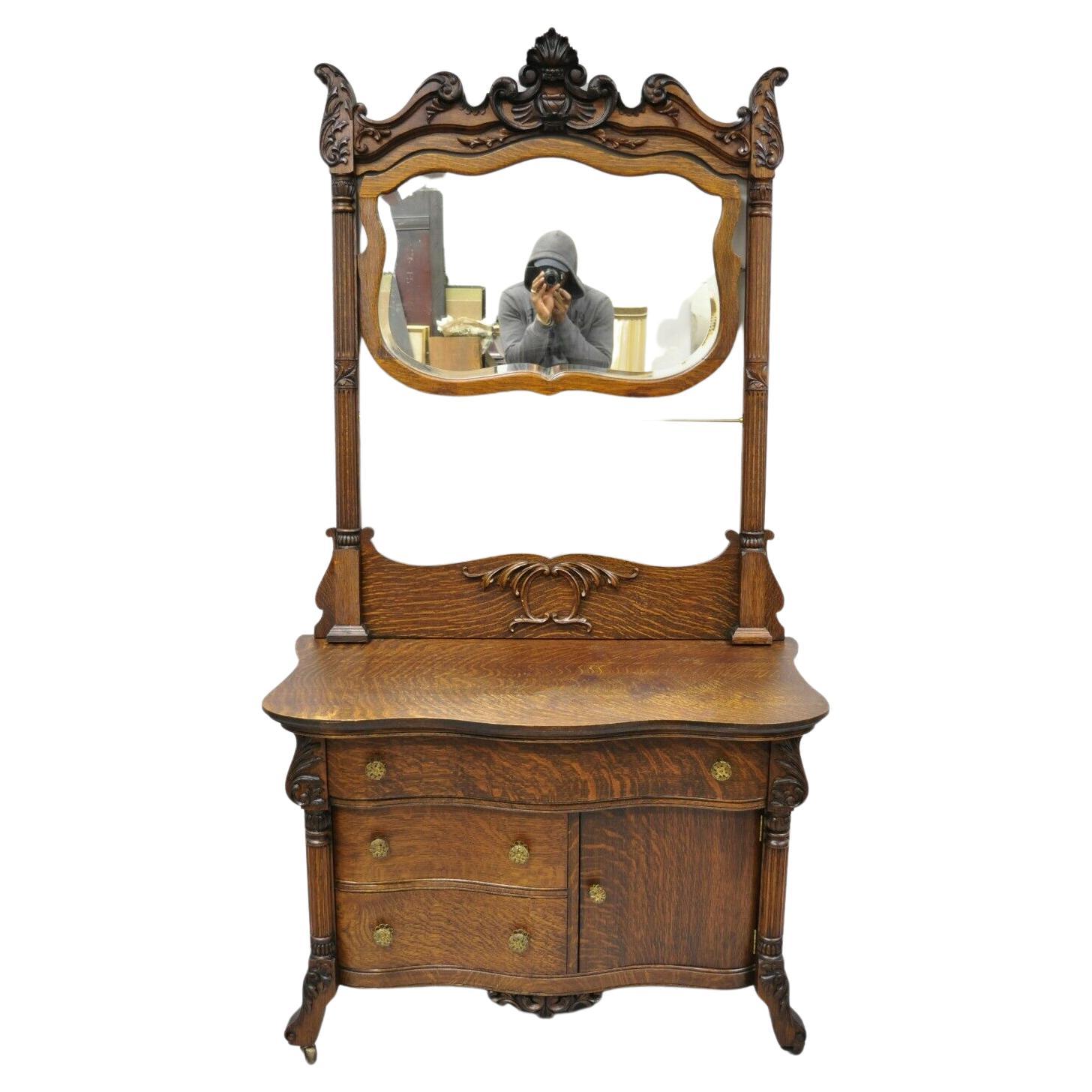 Antique Victorian Oak Wood Washstand Princess Dresser Vanity with Shaving Mirror
