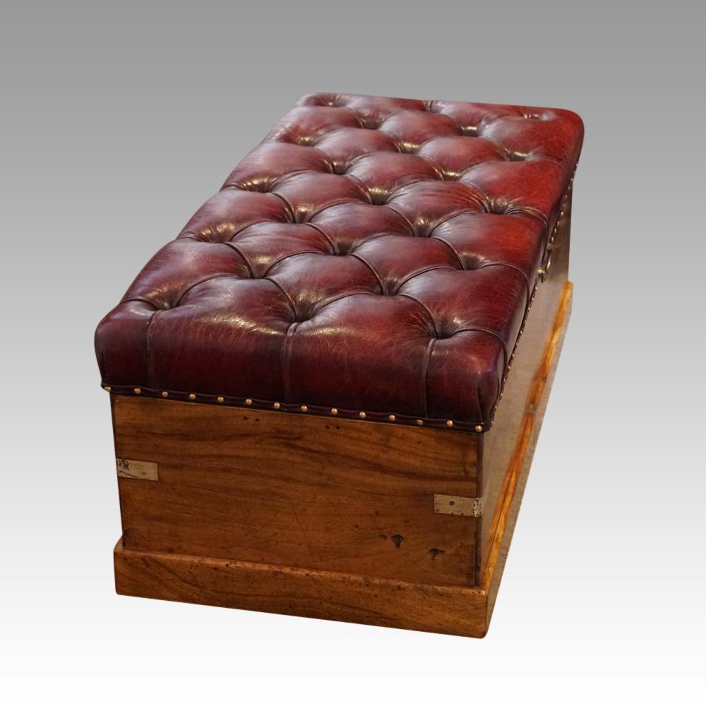 Victorian Camphorwood ottoman
This Large Victorian leather ottoman was made circa 1880
It is of good size and would make fantastic storage in a bedroom or drawing room, or hall.
The red buttoned leather lid lifts using the brass swing handle,