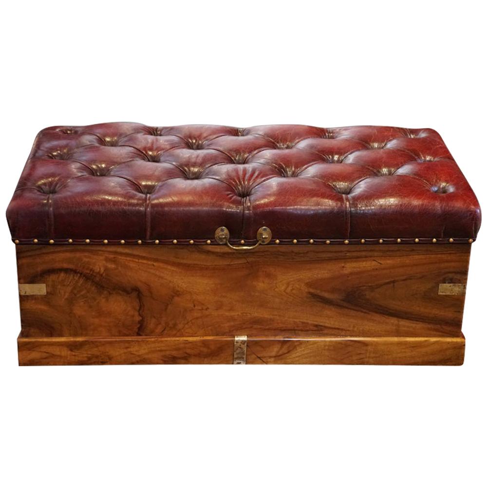 Antique Victorian officers Camphorwood leather ottoman circa 1880