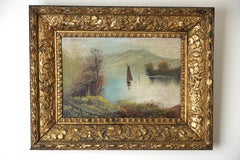 Antique Victorian Oil on Board Painting of Lake Scene with a Sailboat Unsigned