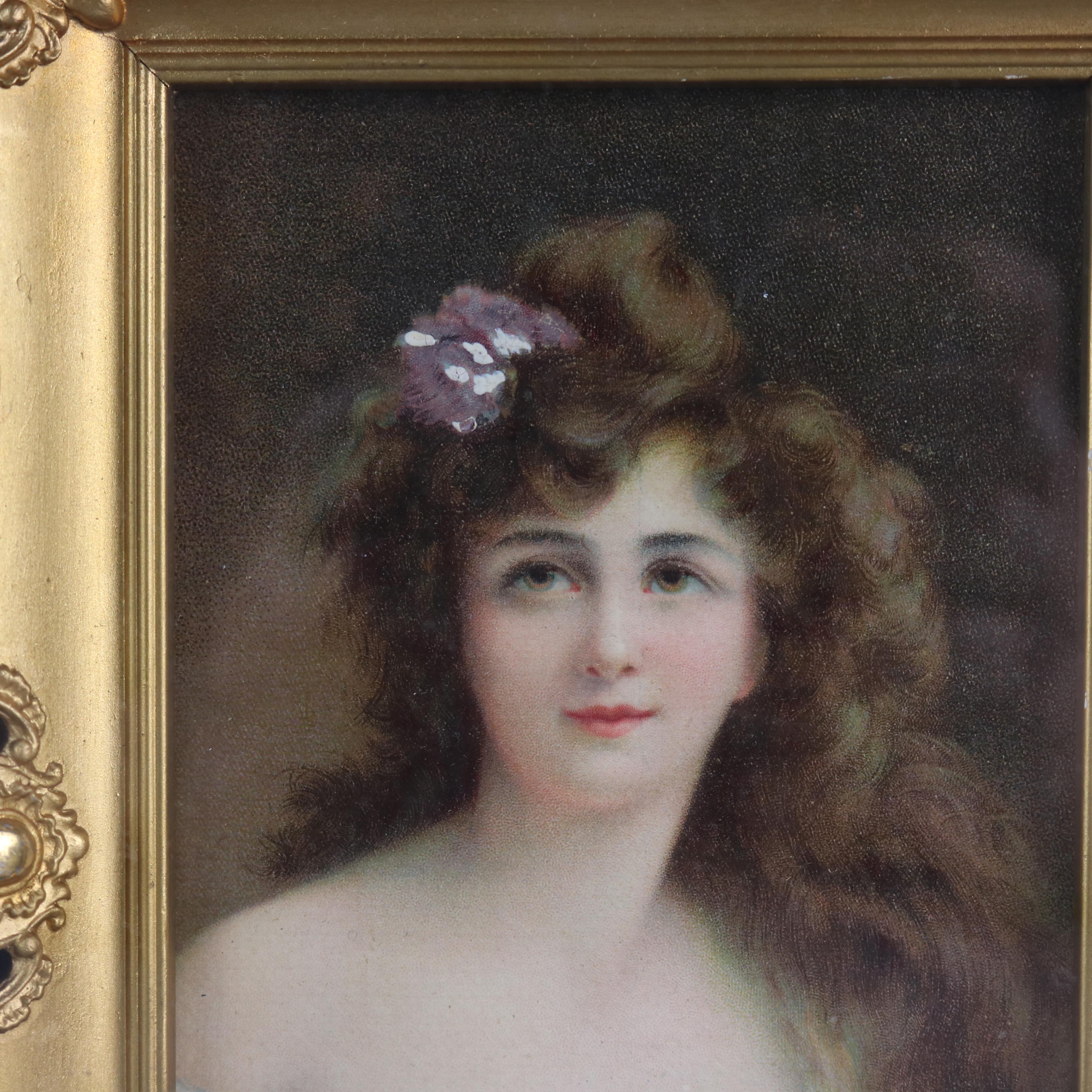 An antique Victorian oil on canvas painting by Asti depicts portrait of a young woman with a flower in her long hair, artist signed lower left Asti, seated in ornate ebonized and giltwood shadowbox frame, c1890

Measures: 11.5