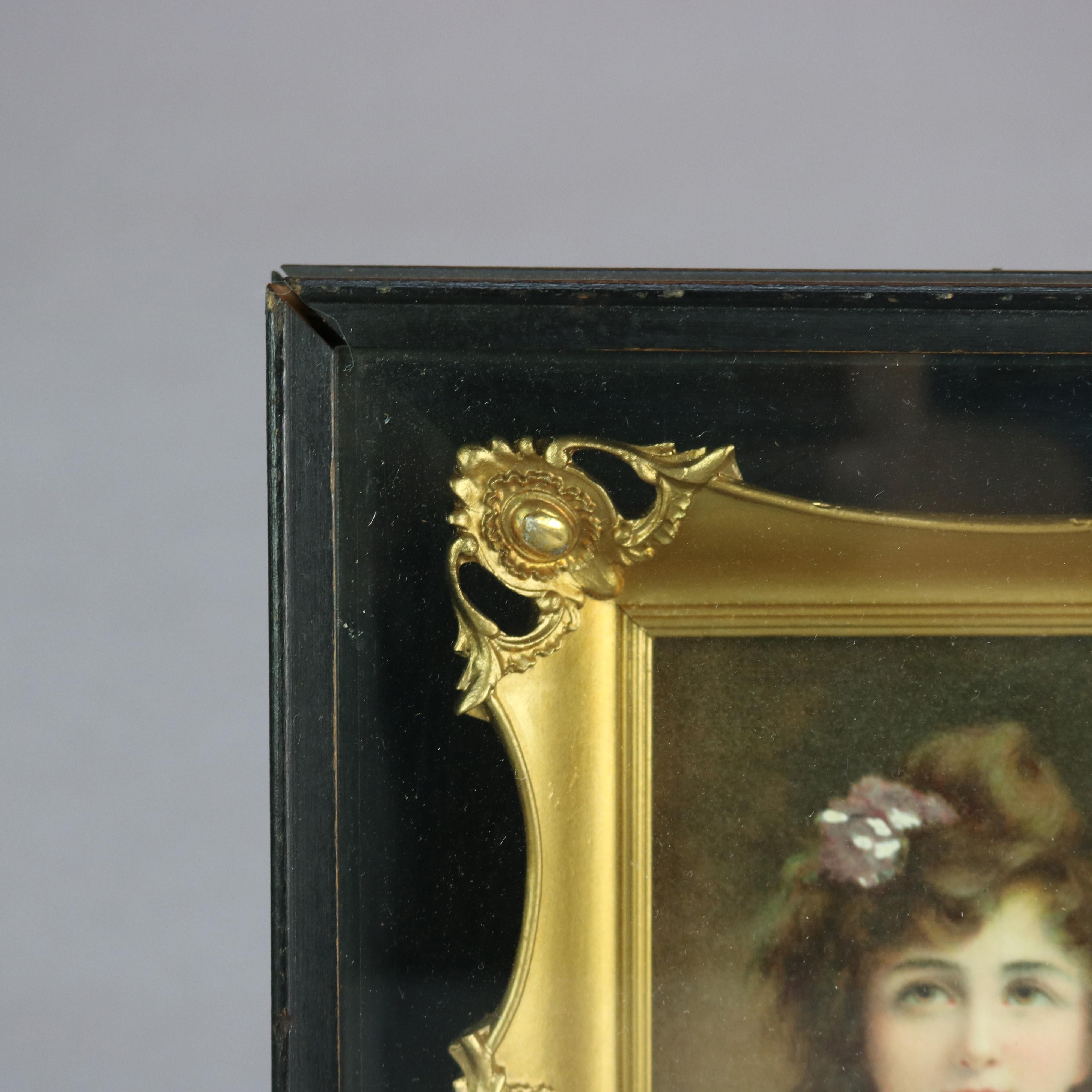 Ebonized Antique Victorian Oil on Canvas Portrait of Woman in Shadow Box by Asti, C 1890