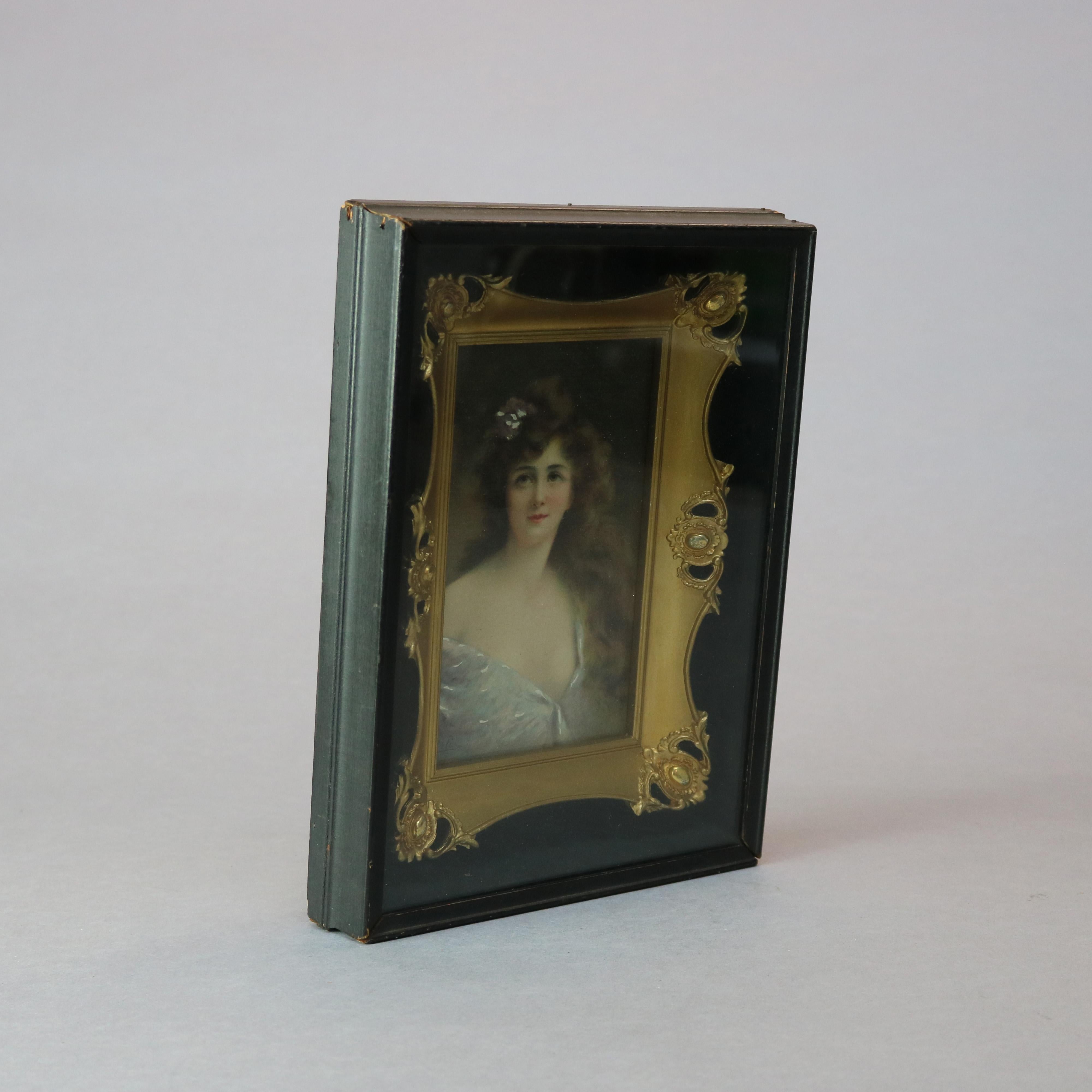 Antique Victorian Oil on Canvas Portrait of Woman in Shadow Box by Asti, C 1890 2