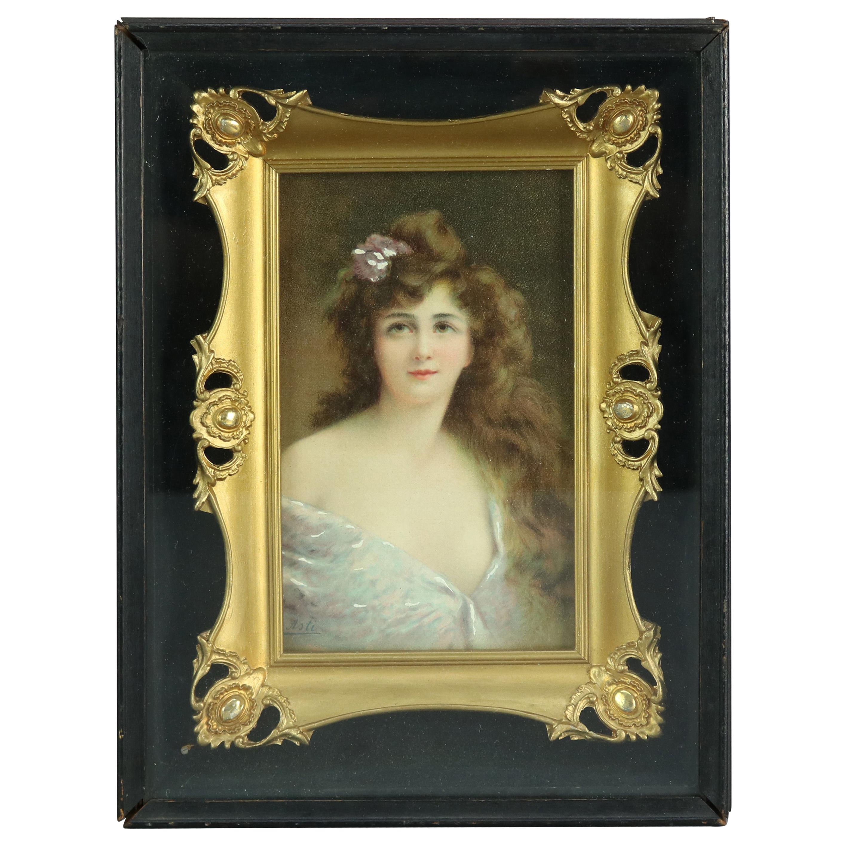 Antique Victorian Oil on Canvas Portrait of Woman in Shadow Box by Asti, C 1890