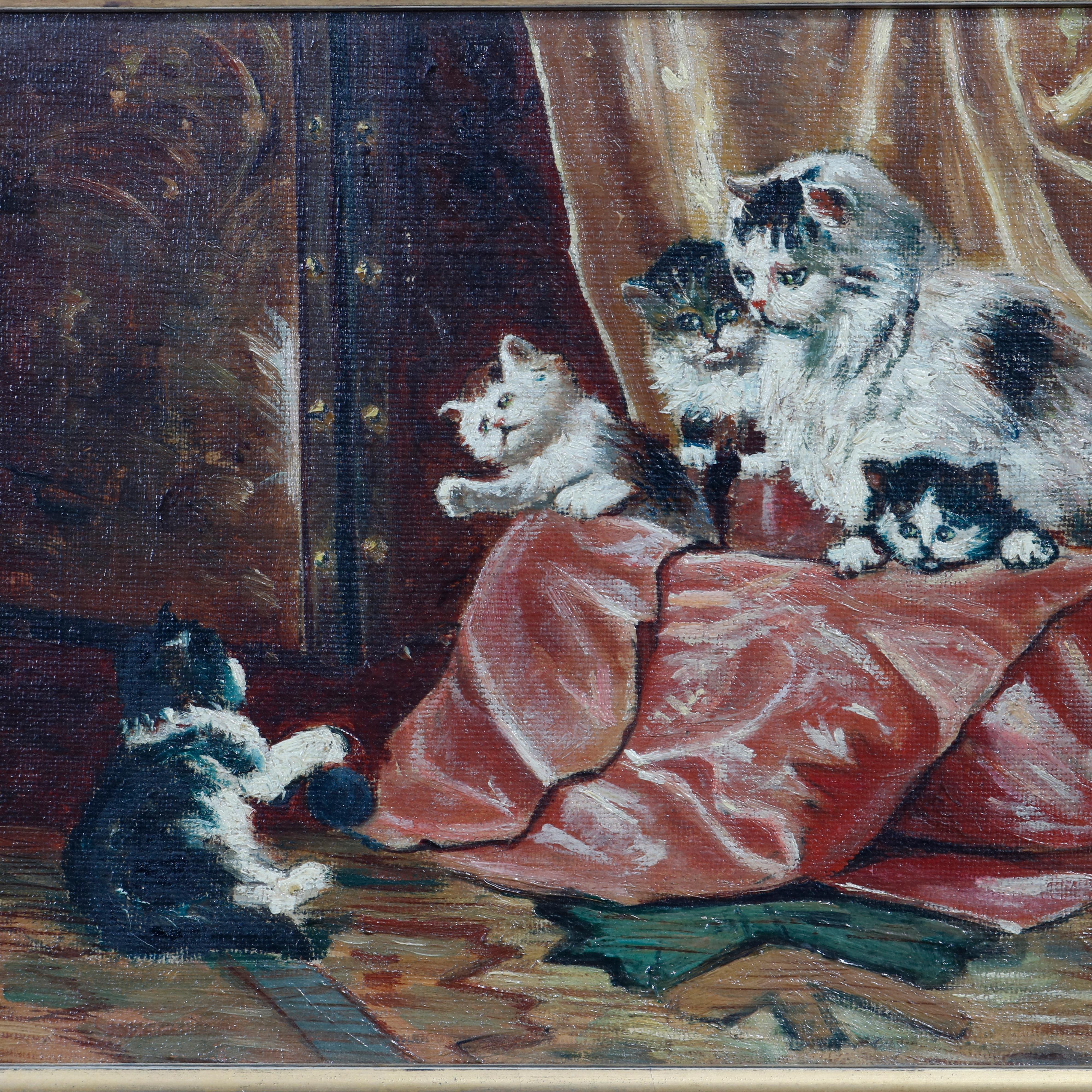 An antique Victorian oil painting offers oil on canvas interior scene with playful kittens, artist signed HMG and dated illegible lower right, seated in giltwood frame, c1890.

Measures: 12.75