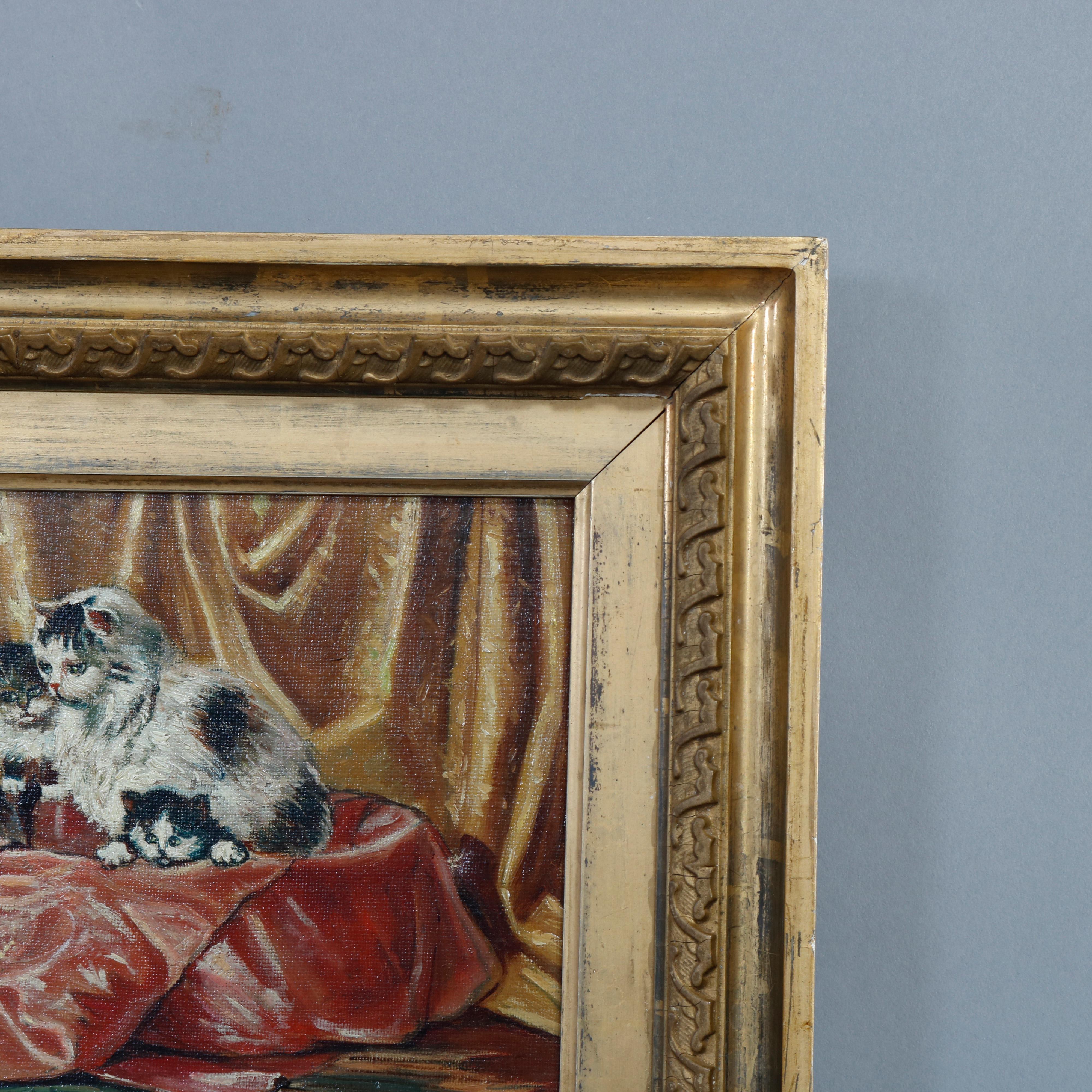 19th Century Antique Victorian Oil Painting Interior Scene with Kittens Playing, circa 1890