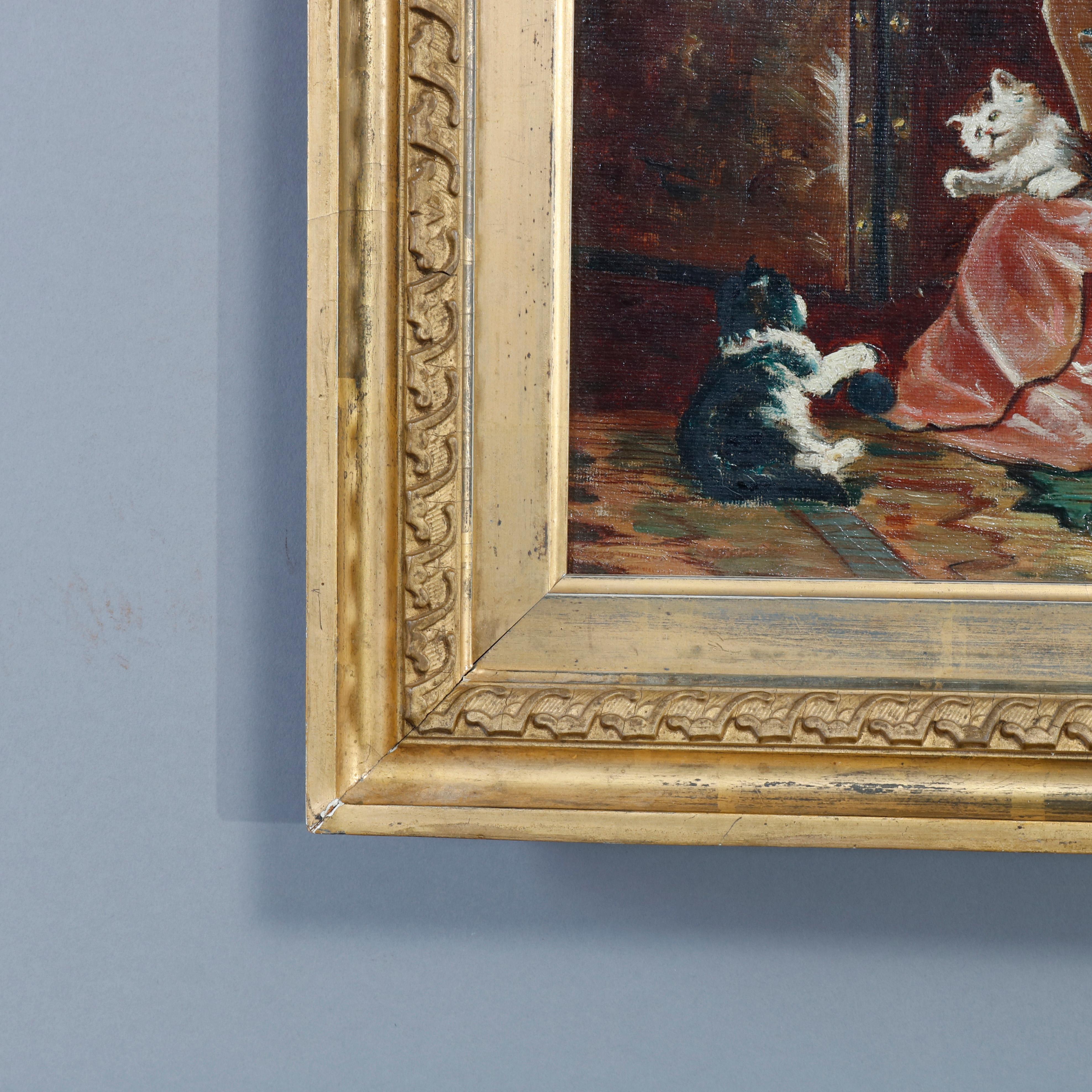 Canvas Antique Victorian Oil Painting Interior Scene with Kittens Playing, circa 1890