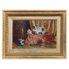 Antique Victorian Oil Painting Interior Scene with Kittens Playing, circa 1890