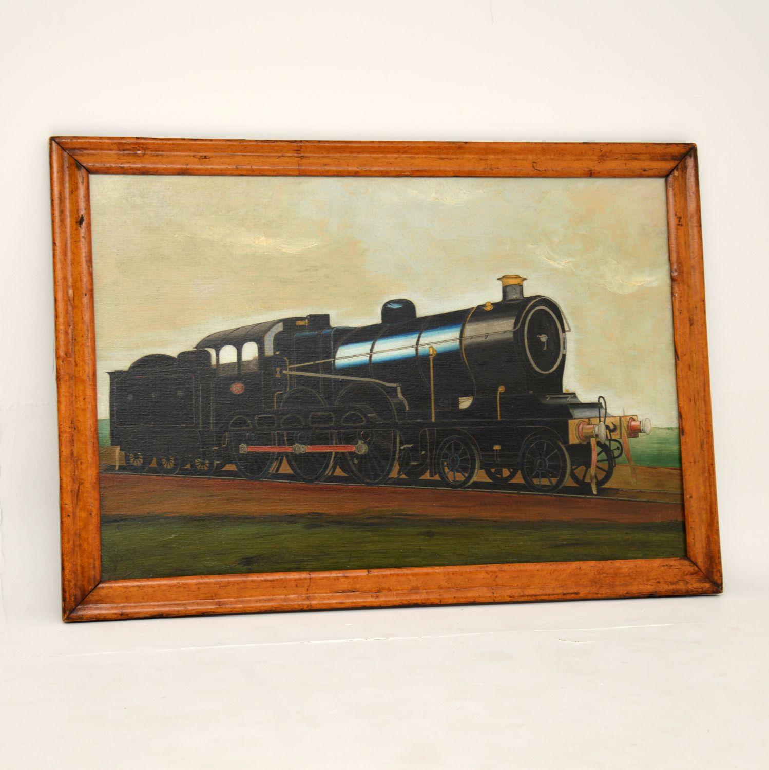 A fine antique Victorian oil painting of a steam engine train which I would date from around the 1880’s period.

This is a lovely subject and is a beautifully executed painting. The colour tones and details are particularly striking, this would make