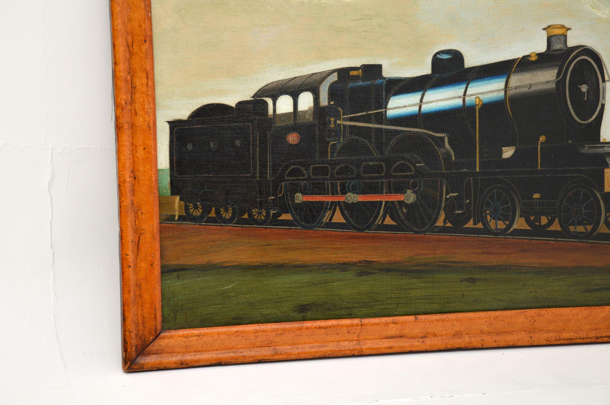 English Antique Victorian Oil Painting Steam Locomotive Train For Sale