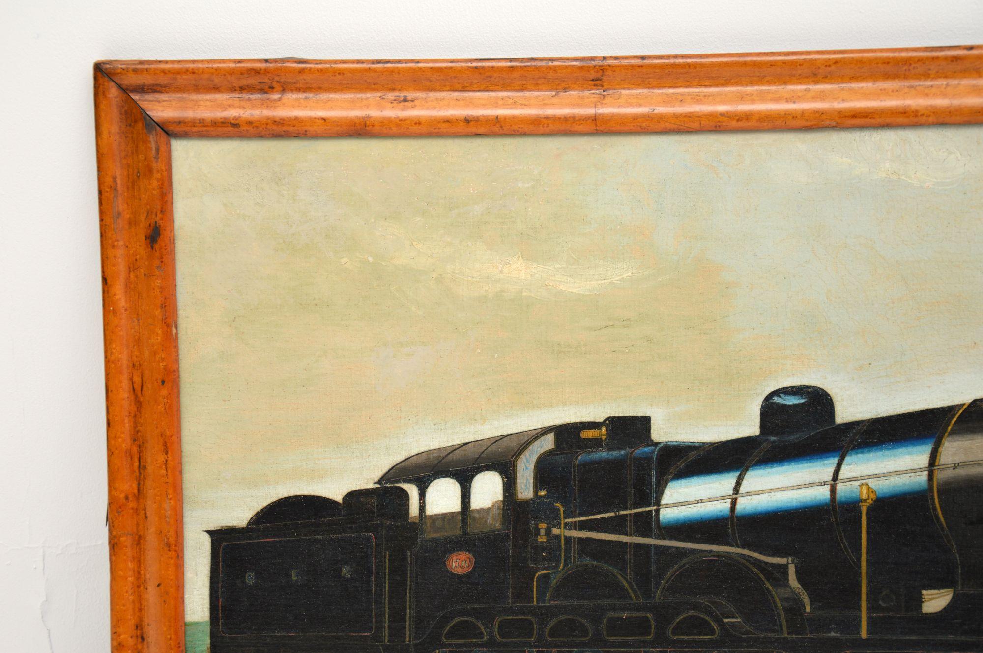 Anglais Peinture à l'huile victorienne ancienne représentant un train à vapeur en vente