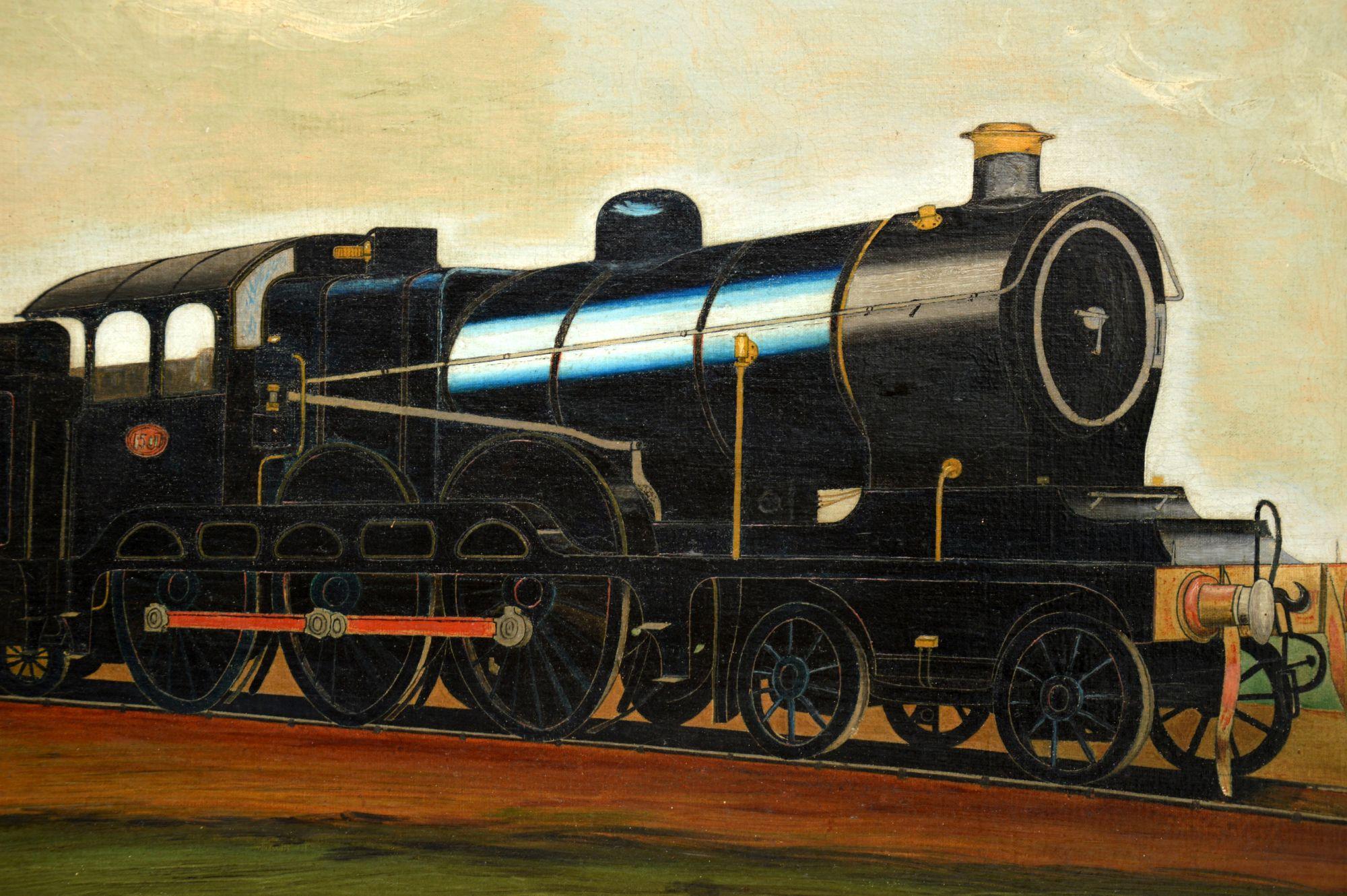 Hand-Painted Antique Victorian Oil Painting Steam Locomotive Train For Sale