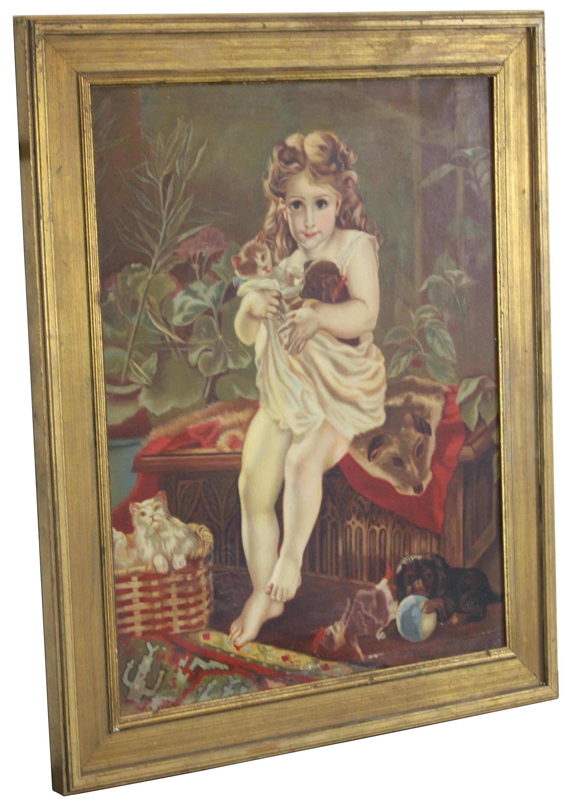Antique late Victorian oil on canvas, unsigned. Features a girl seated on a Gothic chest with animal hide loosely covered while holding her kitty and new puppy. Intricately detailed with a cat in a basket, dog playing with ball, doll along the