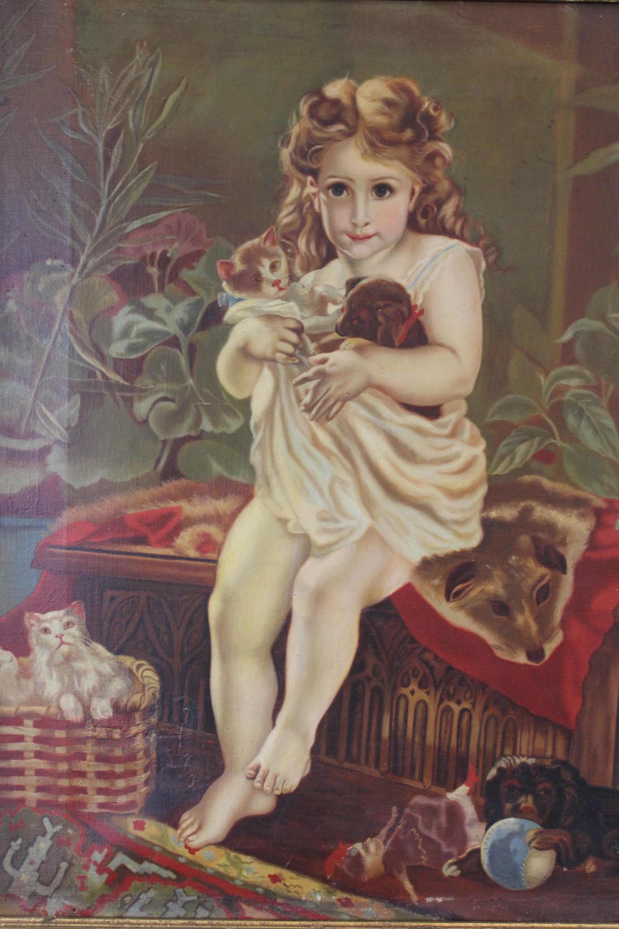 Antique Victorian Oil Portrait Painting of a Young Girl with Cats Dogs In Good Condition In Dayton, OH