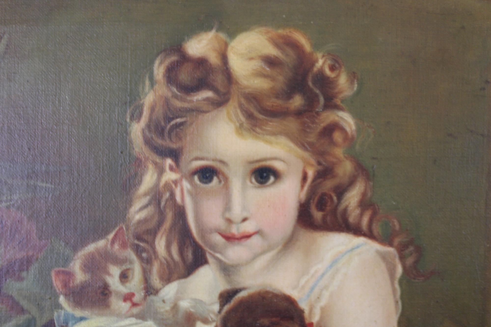 Antique Victorian Oil Portrait Painting of a Young Girl with Cats Dogs 2