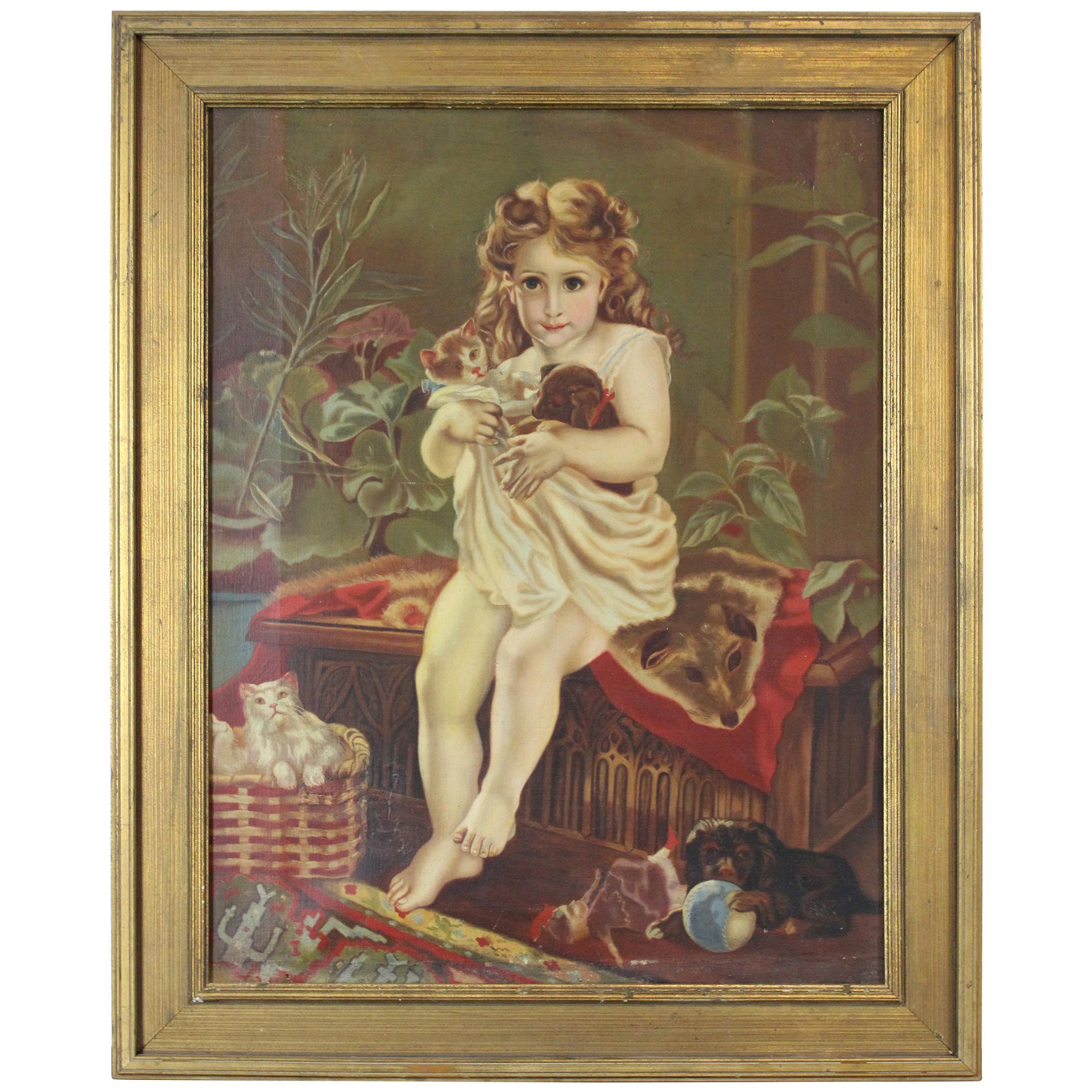 Antique Victorian Oil Portrait Painting of a Young Girl with Cats Dogs