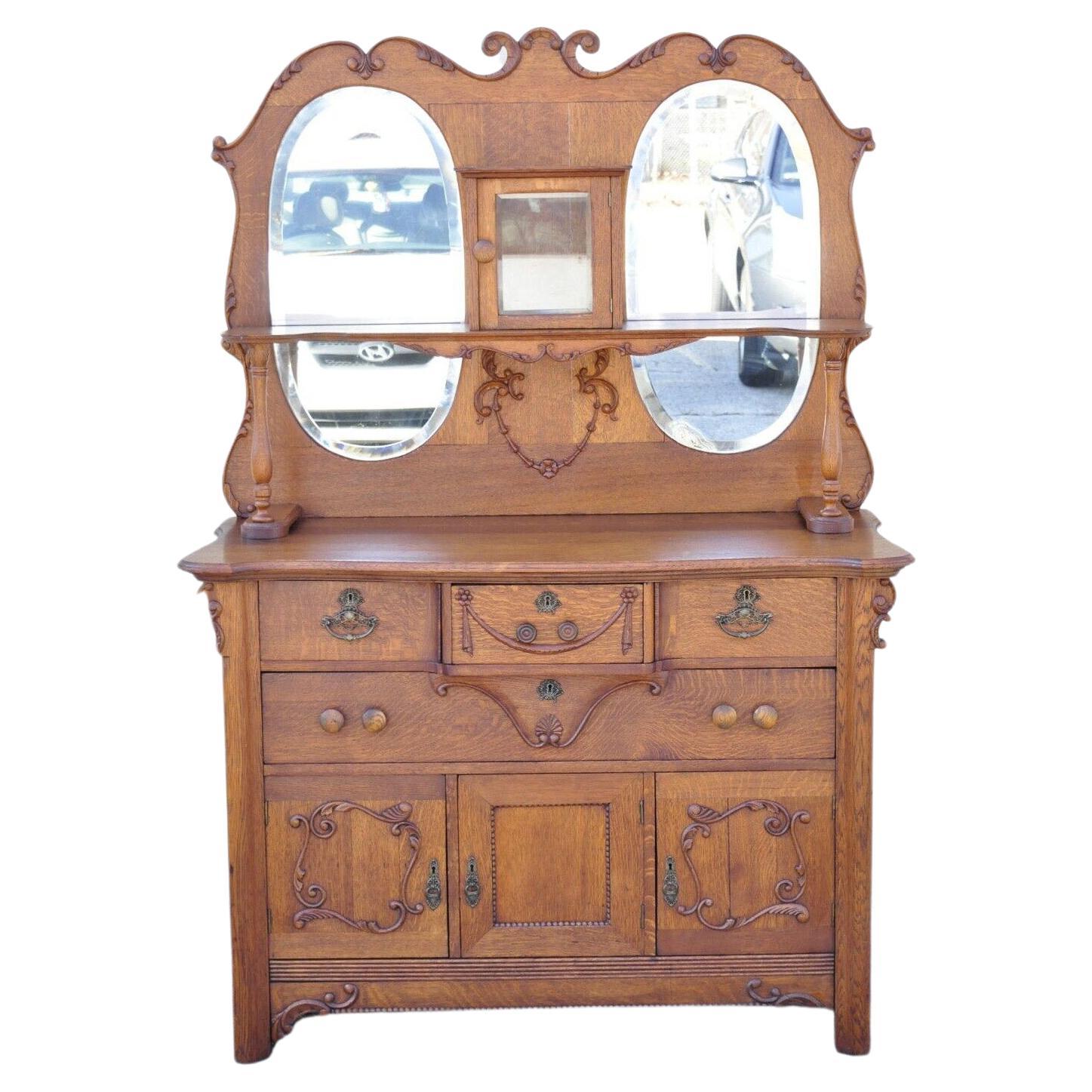 Antique Victorian Olbrich and Goldbeck Oak Wood Buffet Sideboard with Mirror For Sale