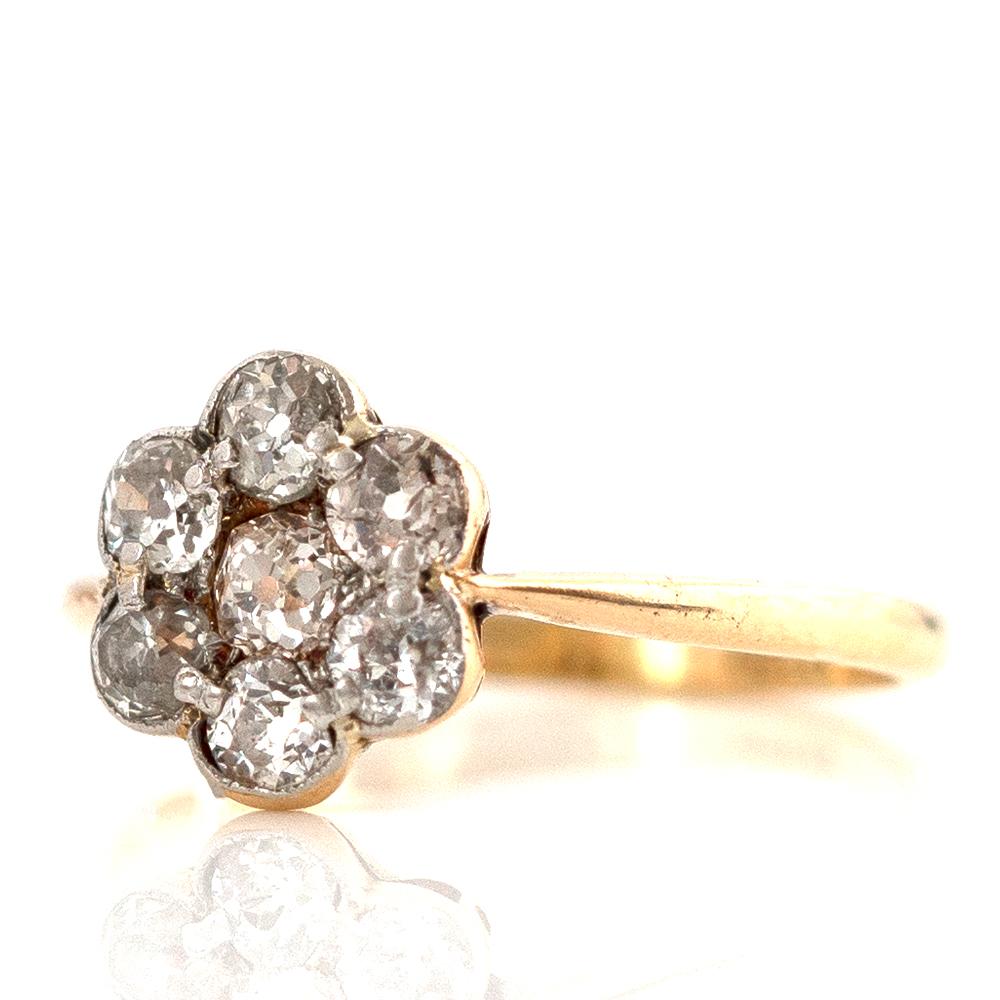 Women's Antique Victorian Old Cut 0.75ct Diamond Cluster Daisy 18 Carat Gold Ring For Sale