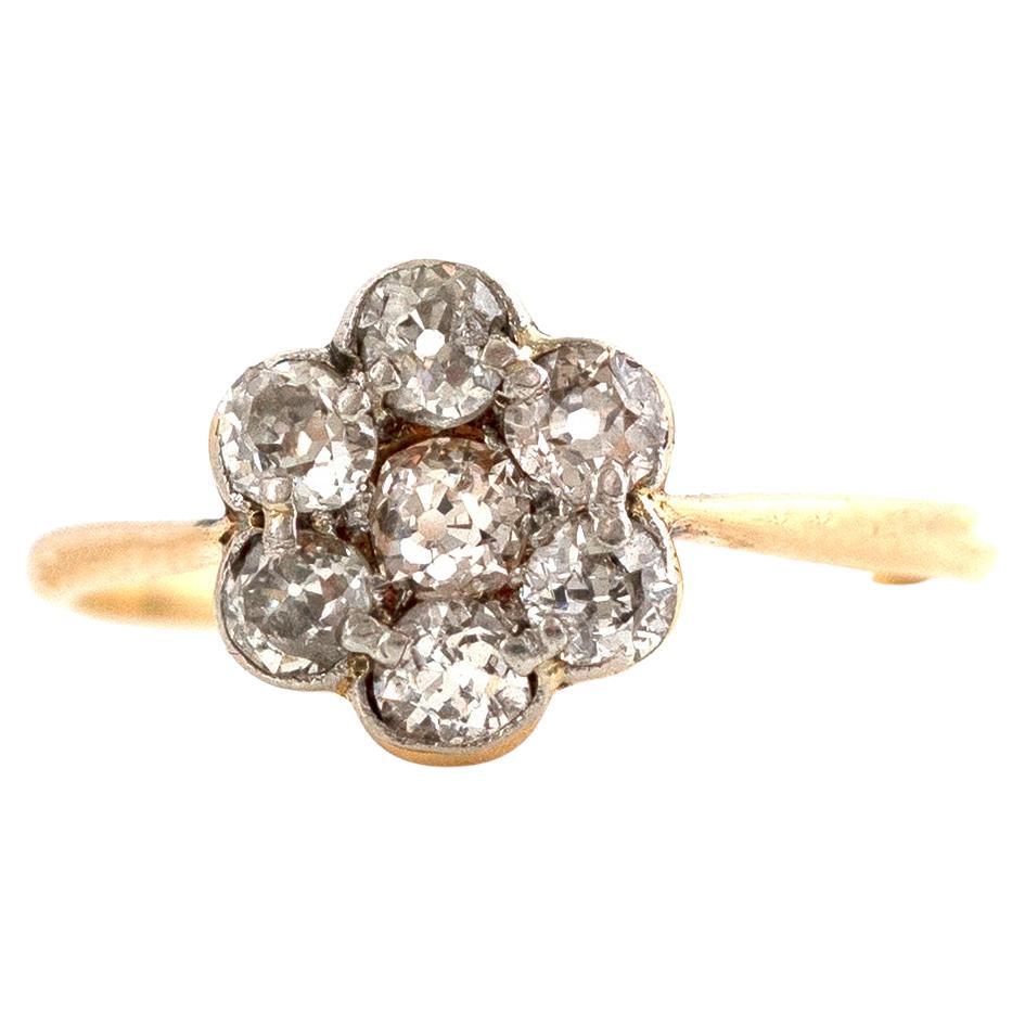 Antique Victorian Old Cut 0.75ct Diamond Cluster Daisy 18 Carat Gold Ring For Sale