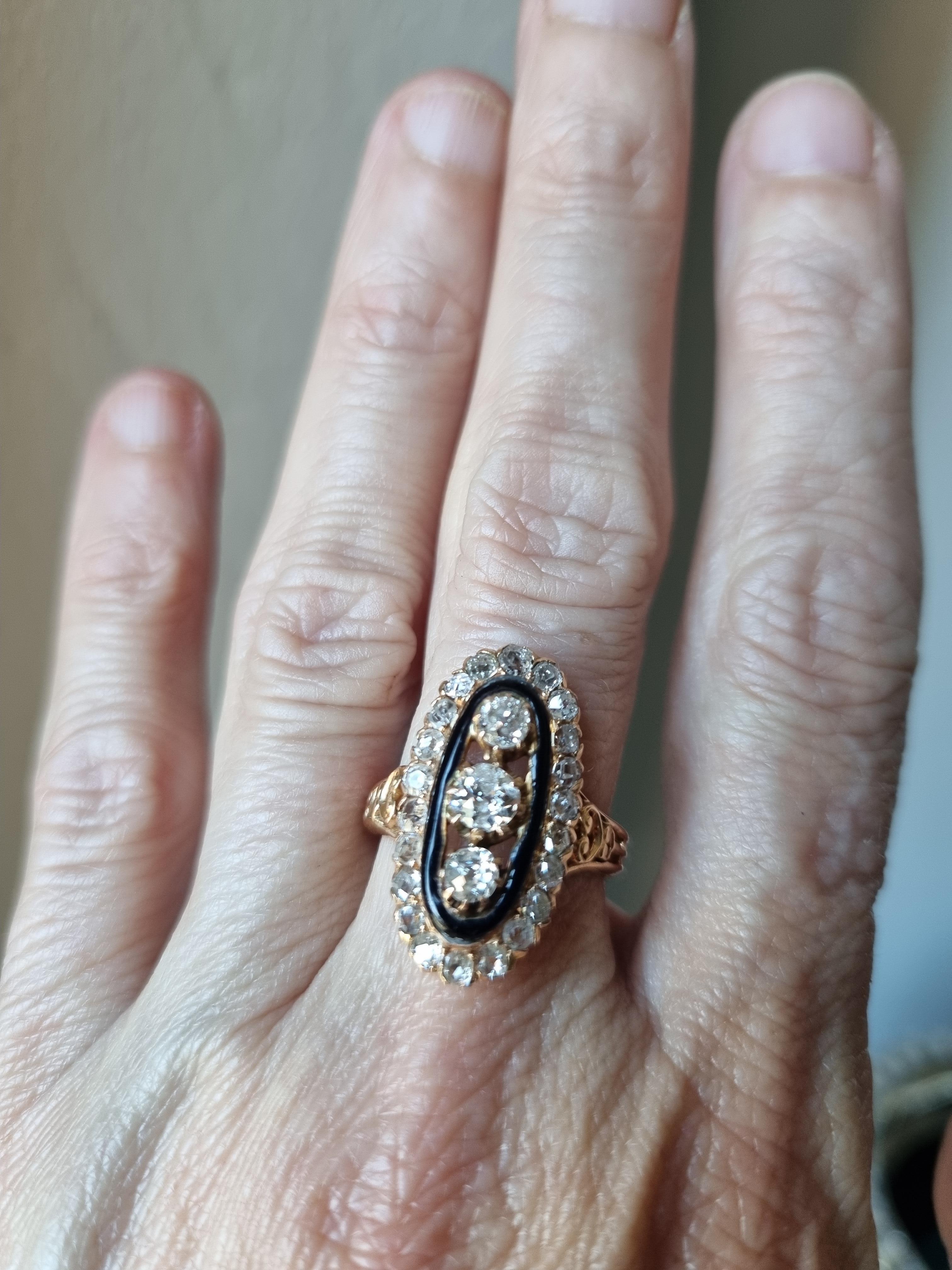 Antique Victorian Old Cut Diamond and Enamel Navette Three Stone Halo Ring For Sale 1