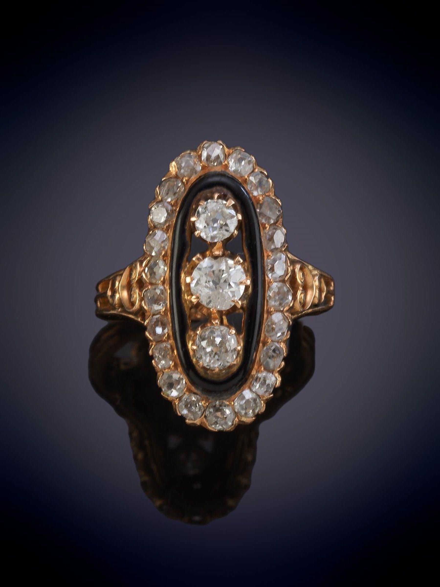 Antique Victorian Old Cut Diamond and Enamel Navette Three Stone Halo Ring In Good Condition For Sale In OVIEDO, AS
