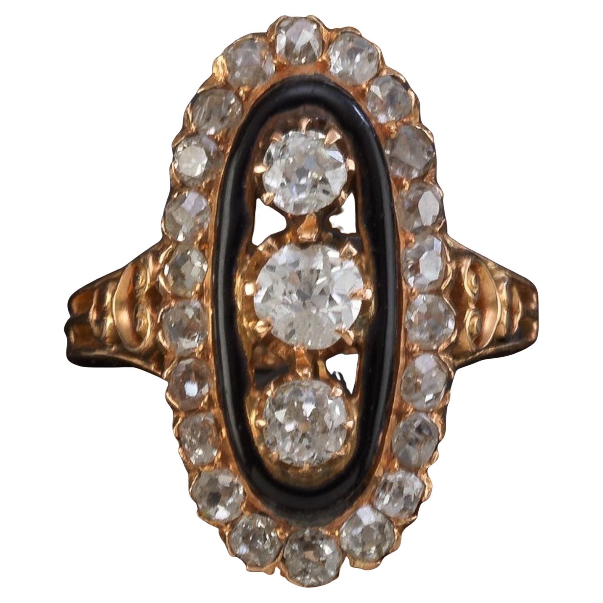 Antique Victorian Old Cut Diamond and Enamel Navette Three Stone Halo Ring For Sale