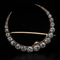 Antique Victorian Old Cut Diamond Crescent Moon Brooch in Rose Gold 19th Century