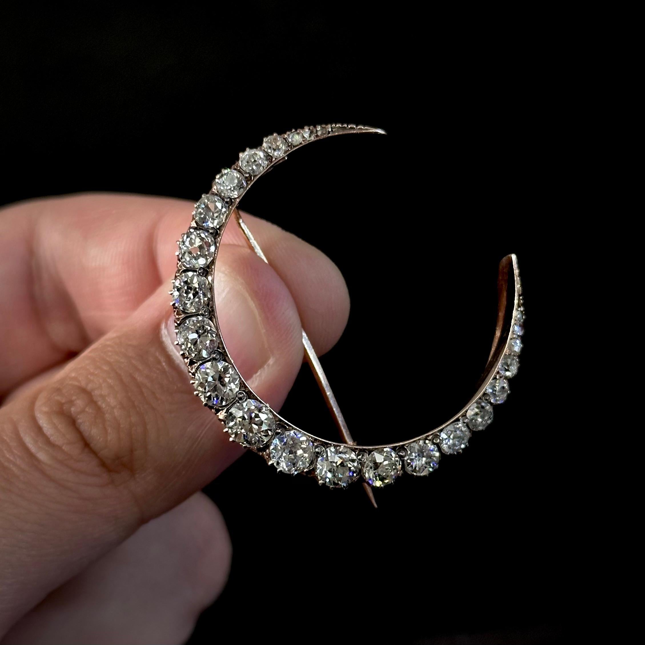Old European Cut Antique Victorian Old Cut Diamond Crescent Moon Brooch in Rose Gold 19th Century For Sale