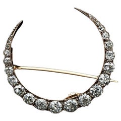 Used Victorian Old Cut Diamond Crescent Moon Brooch in Rose Gold 19th Century