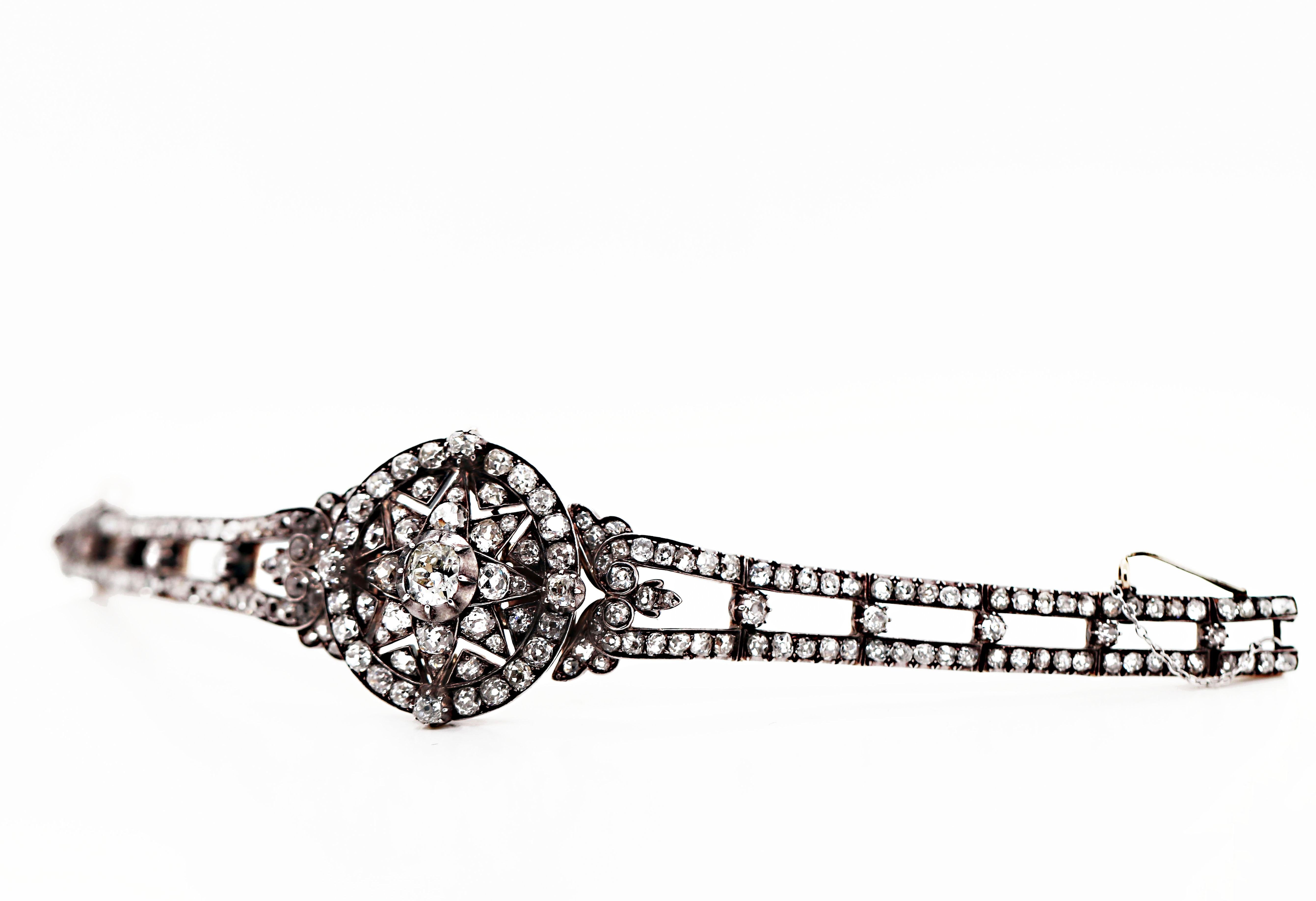 Antique Victorian Old Cut Diamond Silver on Gold Bracelet and Pendant, 1866 For Sale 1