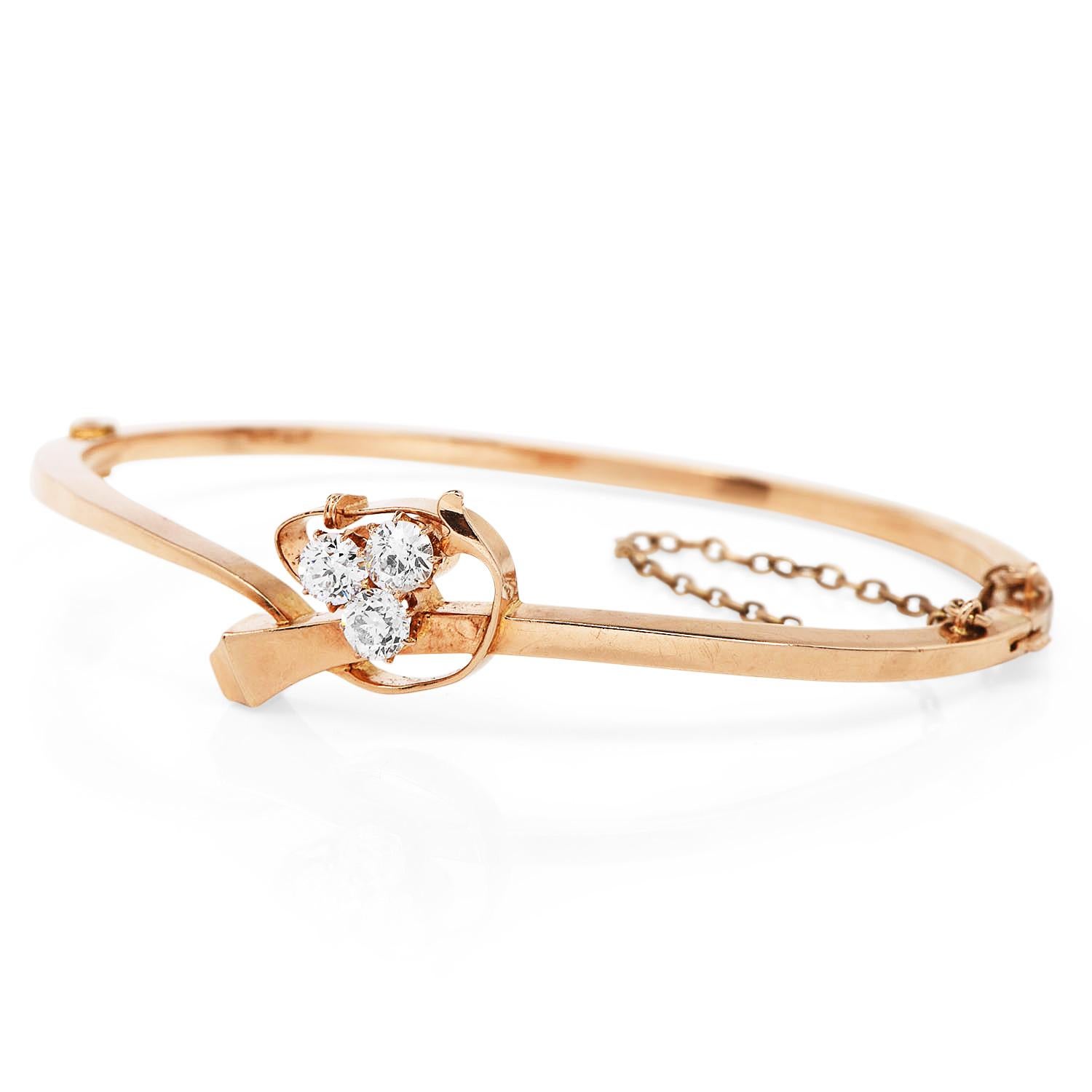 Old European Cut Antique Victorian Old European-Cut Diamond 14K Gold Bangle Bracelet
