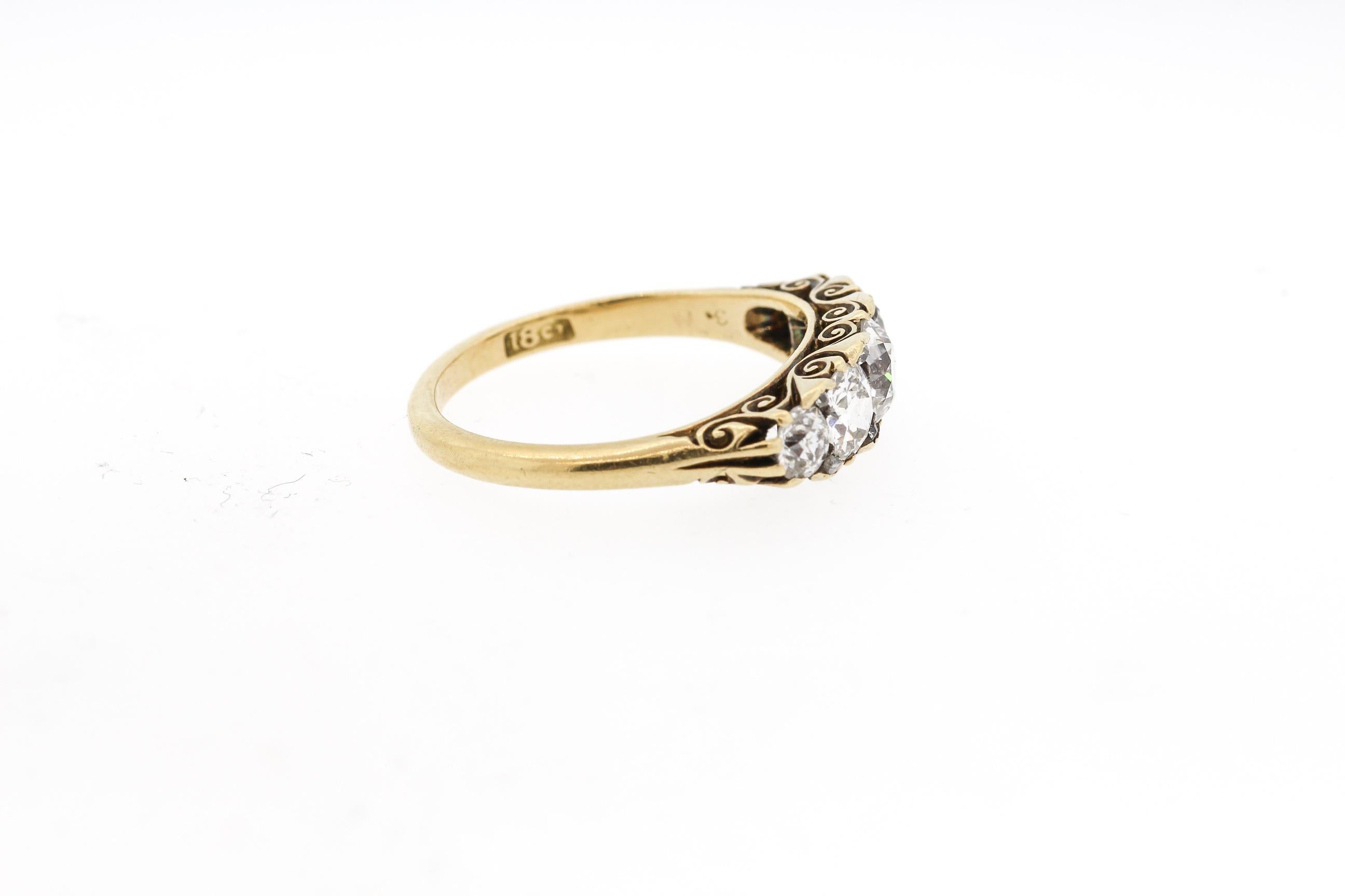 Women's or Men's Antique Victorian Old European Cut Diamond 18 Karat Gold Five-Stone Ring