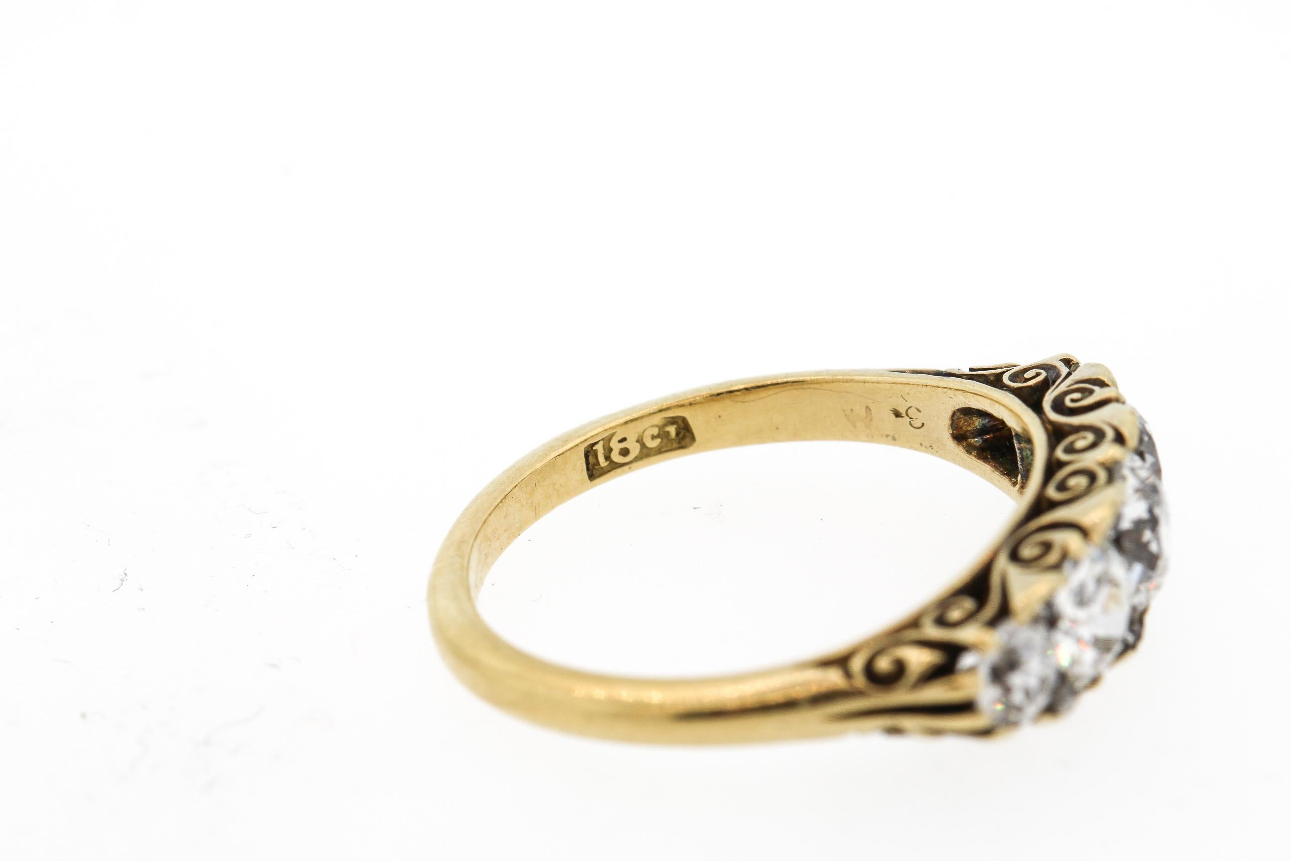 Antique Victorian Old European Cut Diamond 18 Karat Gold Five-Stone Ring 1