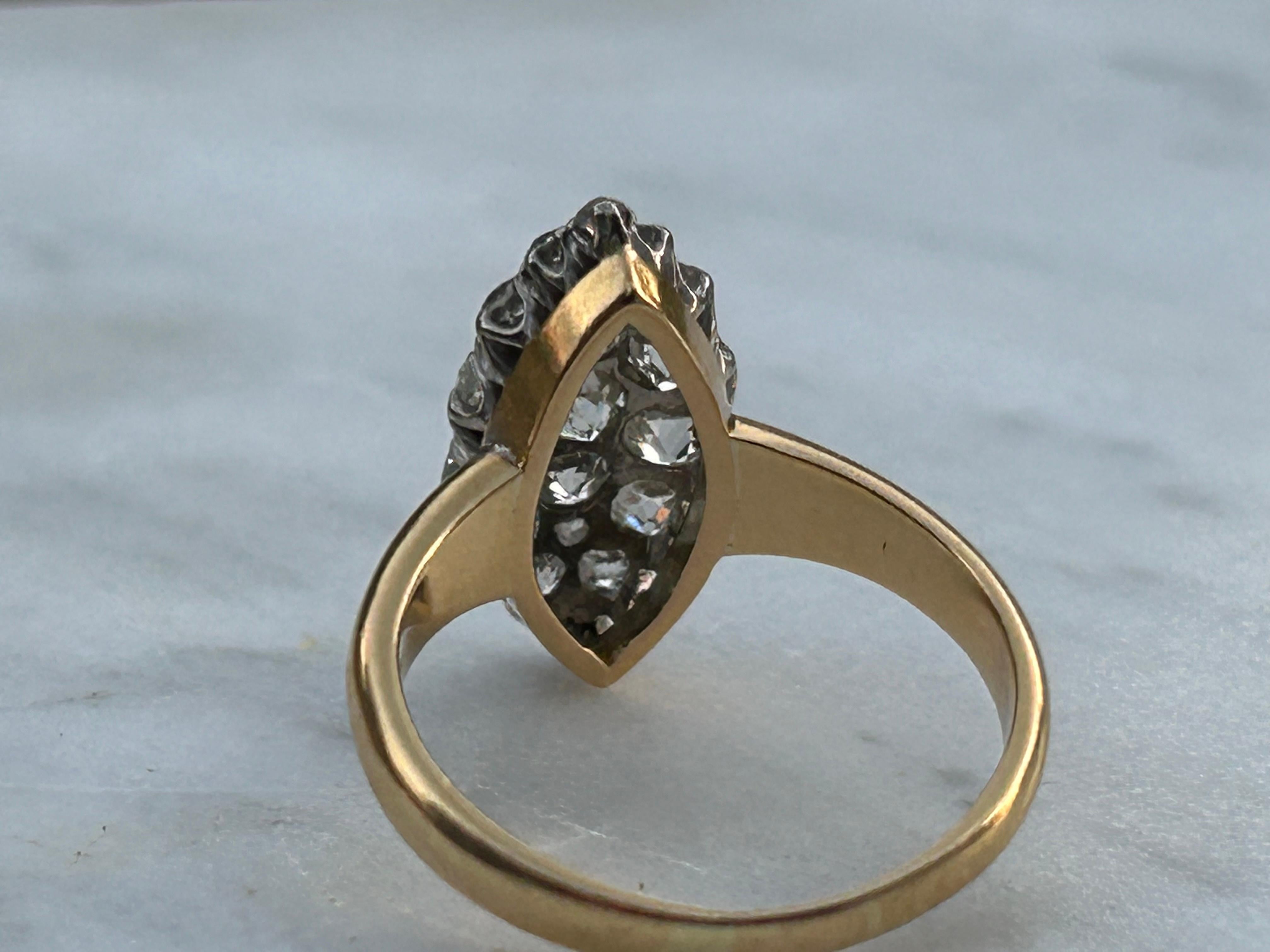 Victorian Old Mine Cut Diamond 1.5 Carat Navette Ring 18k & 22k ring For Sale 3