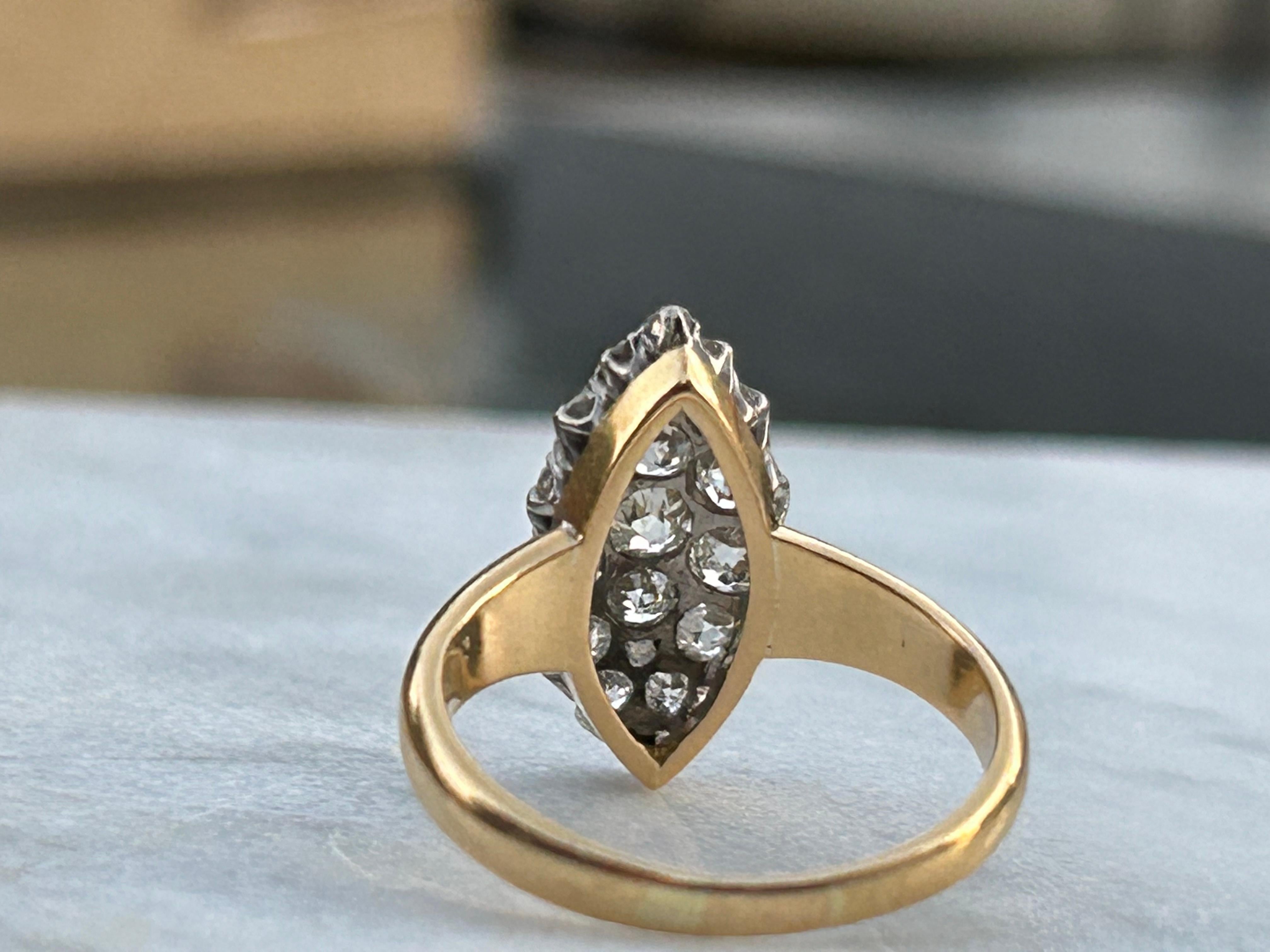 Victorian Old Mine Cut Diamond 1.5 Carat Navette Ring 18k & 22k ring For Sale 4